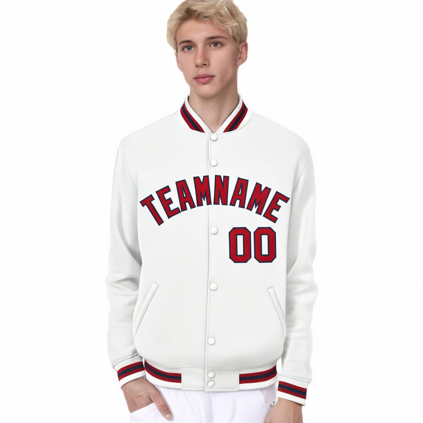 Custom White Red-Black Bomber Full-Snap Varsity Letterman Jacket