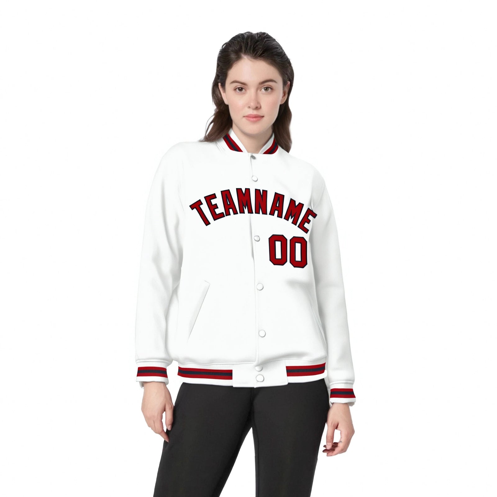 Custom White Red-Black Bomber Full-Snap Varsity Letterman Jacket