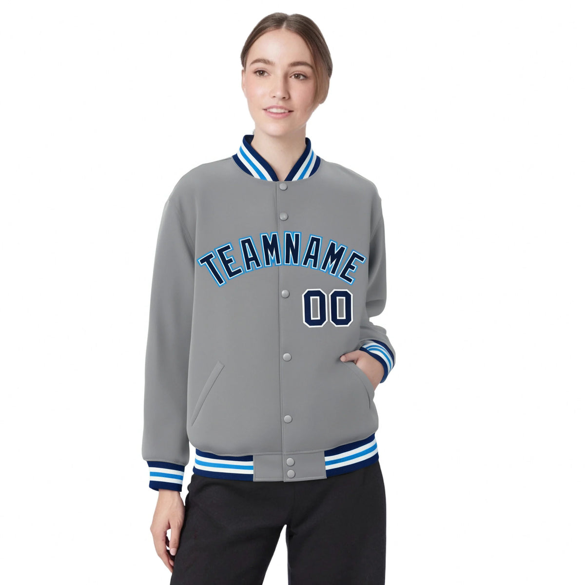 Custom Gray Navy-White Bomber Full-Snap Varsity Letterman Jacket