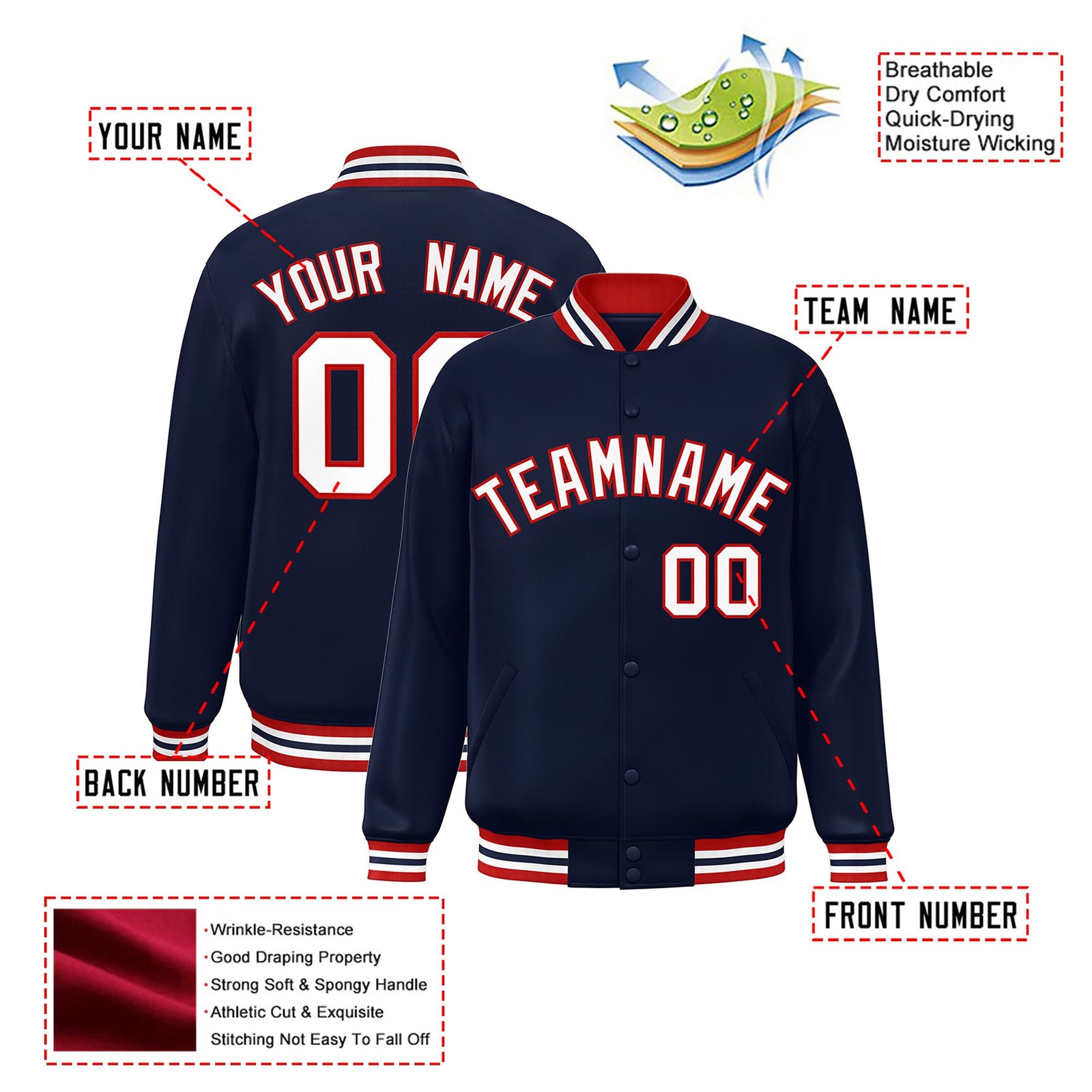 Custom Navy White-Red Bomber Full-Snap Varsity Letterman Jacket
