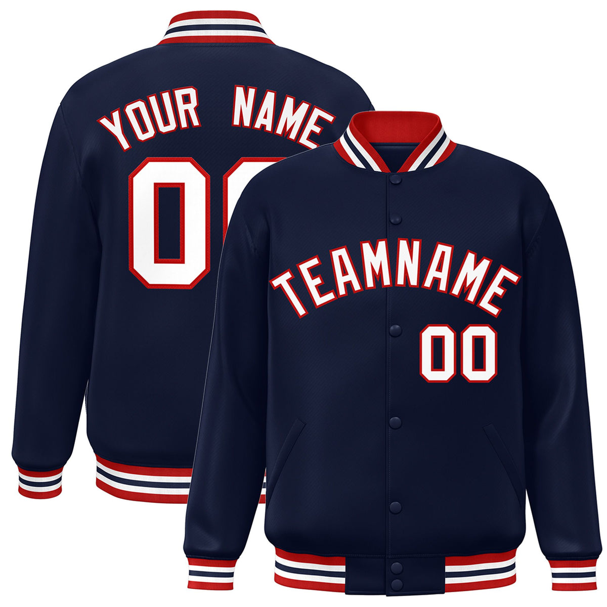 Custom Navy White-Red Bomber Full-Snap Varsity Letterman Jacket