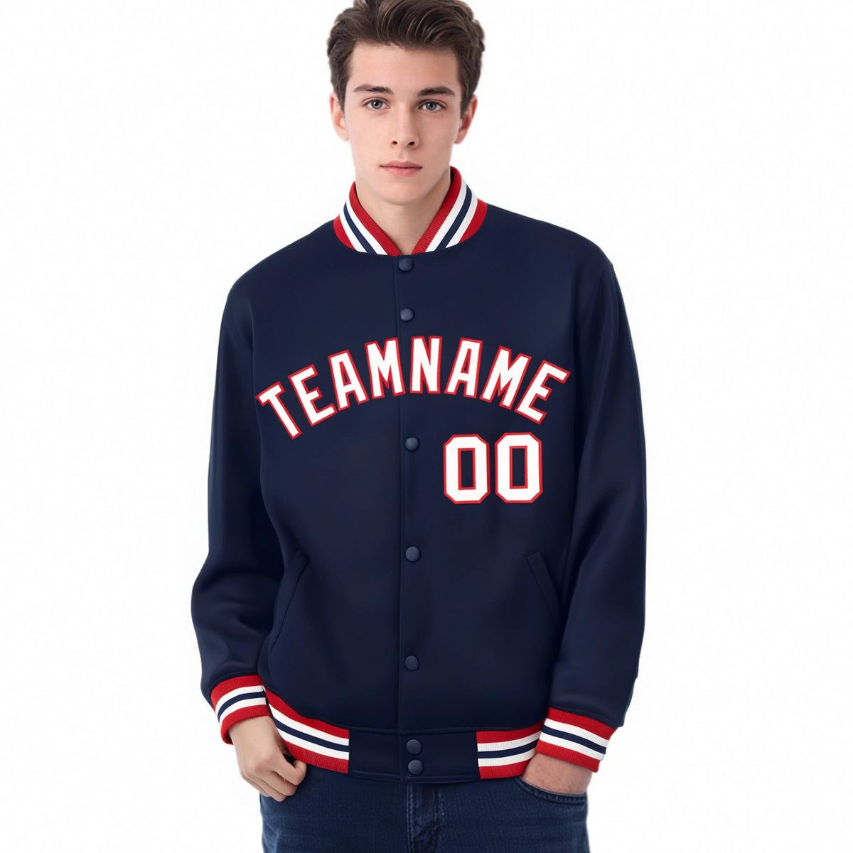 Custom Navy White-Red Bomber Full-Snap Varsity Letterman Jacket