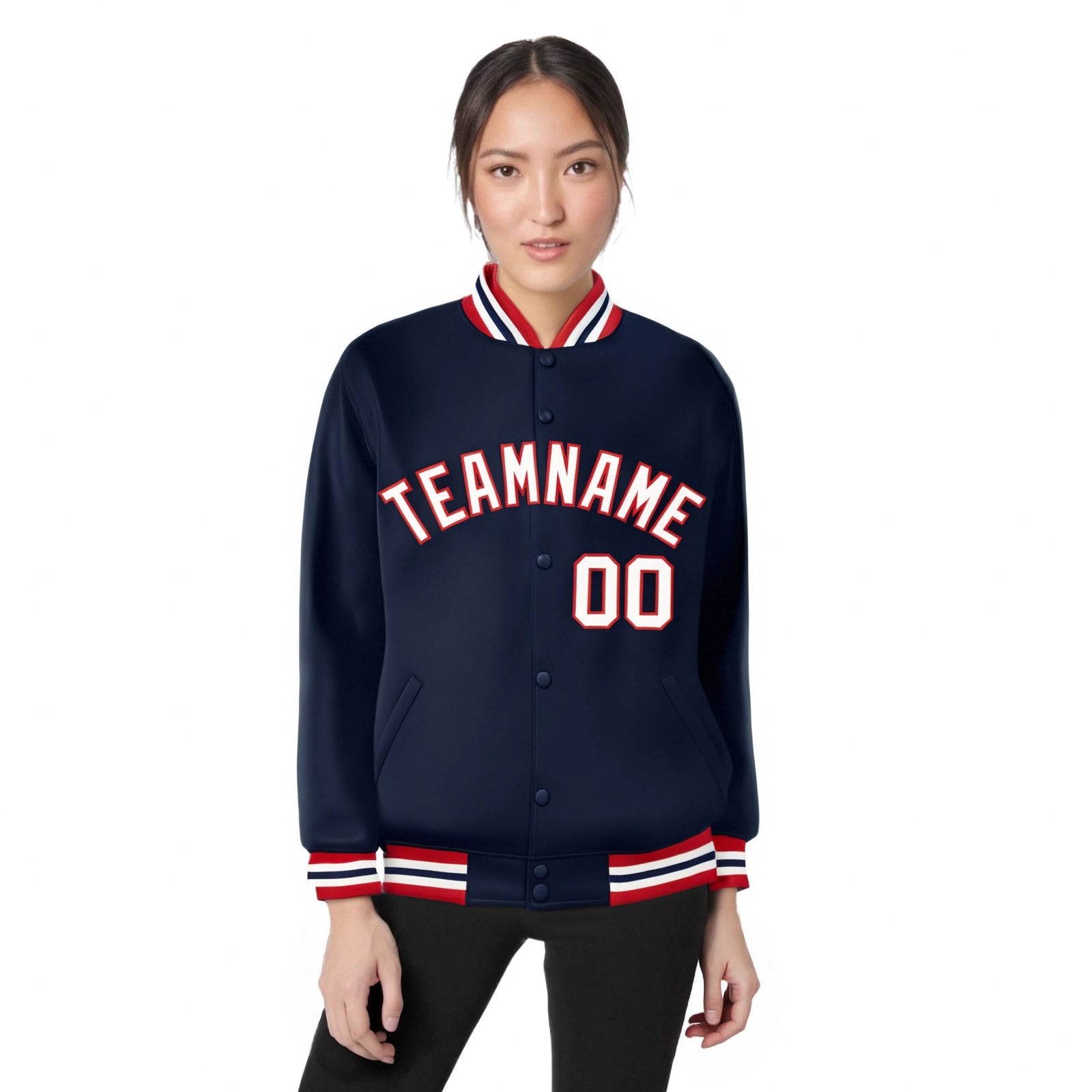 Custom Navy White-Red Bomber Full-Snap Varsity Letterman Jacket