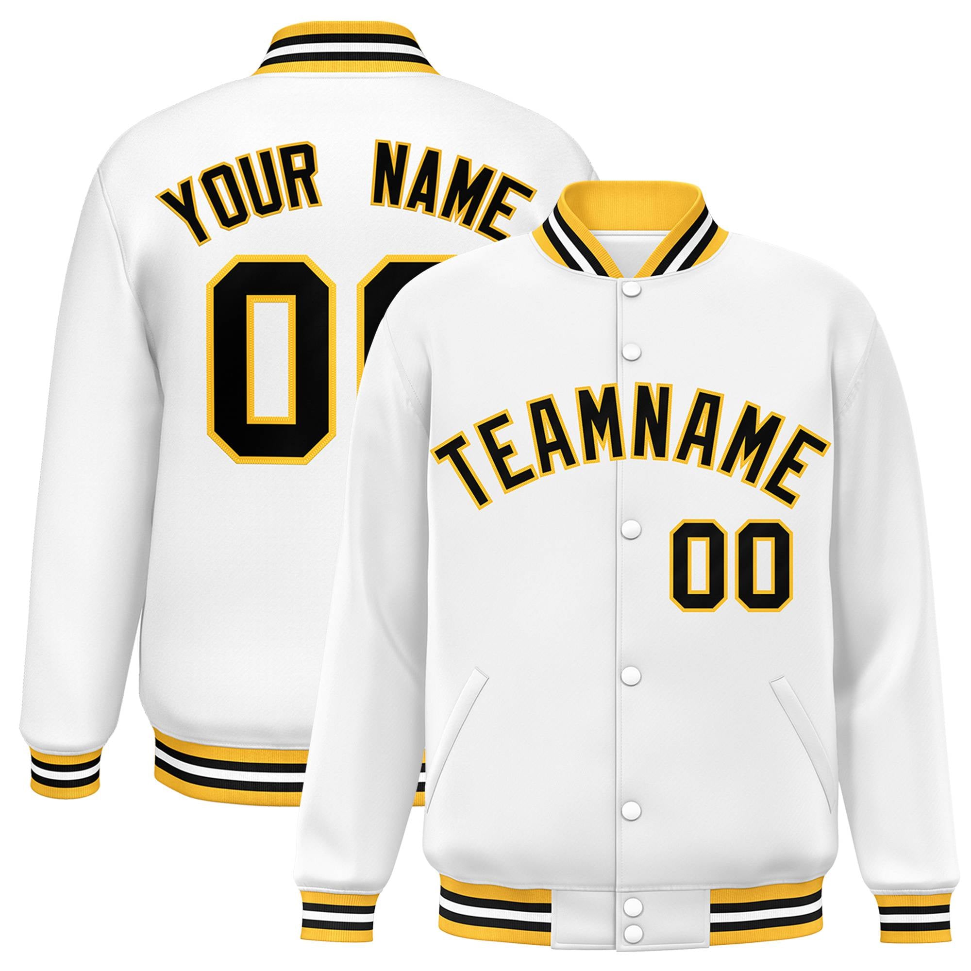 Custom White Black-Gold Bomber Full-Snap Varsity Letterman Jacket