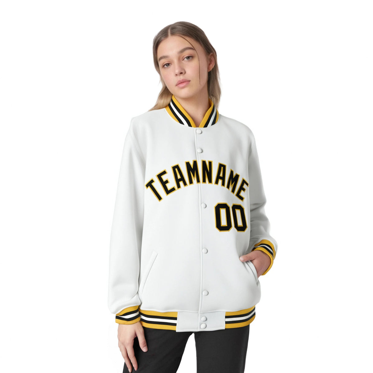 Custom White Black-Gold Bomber Full-Snap Varsity Letterman Jacket