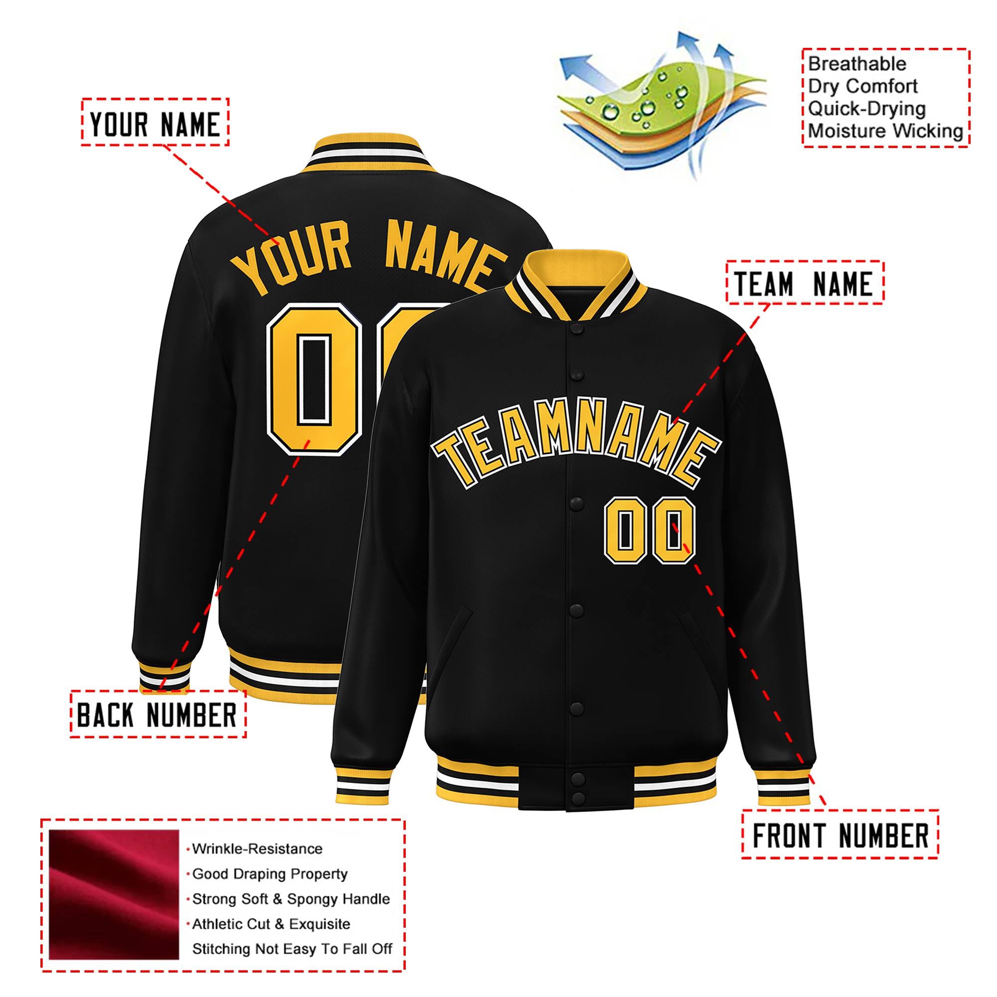 Custom Black Yellow-White Bomber Full-Snap Varsity Letterman Jacket