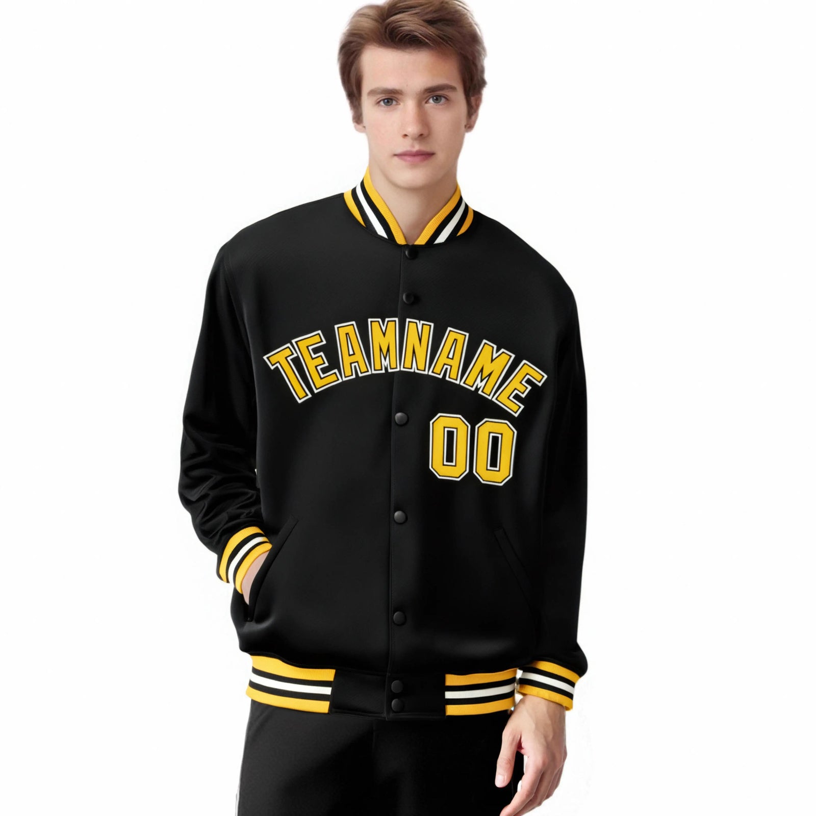Custom Black Yellow-White Bomber Full-Snap Varsity Letterman Jacket