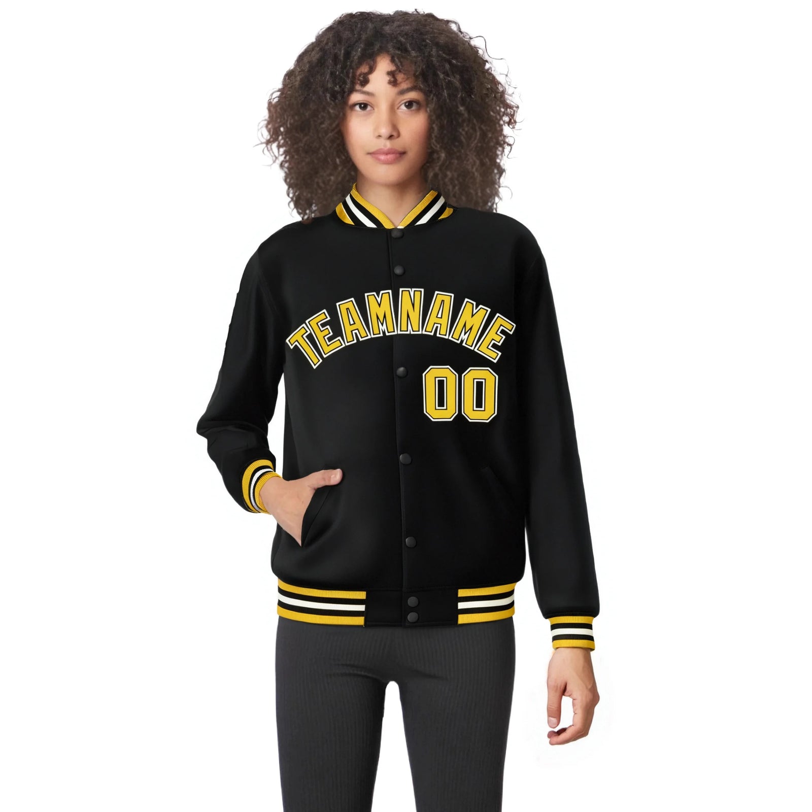 Custom Black Yellow-White Bomber Full-Snap Varsity Letterman Jacket