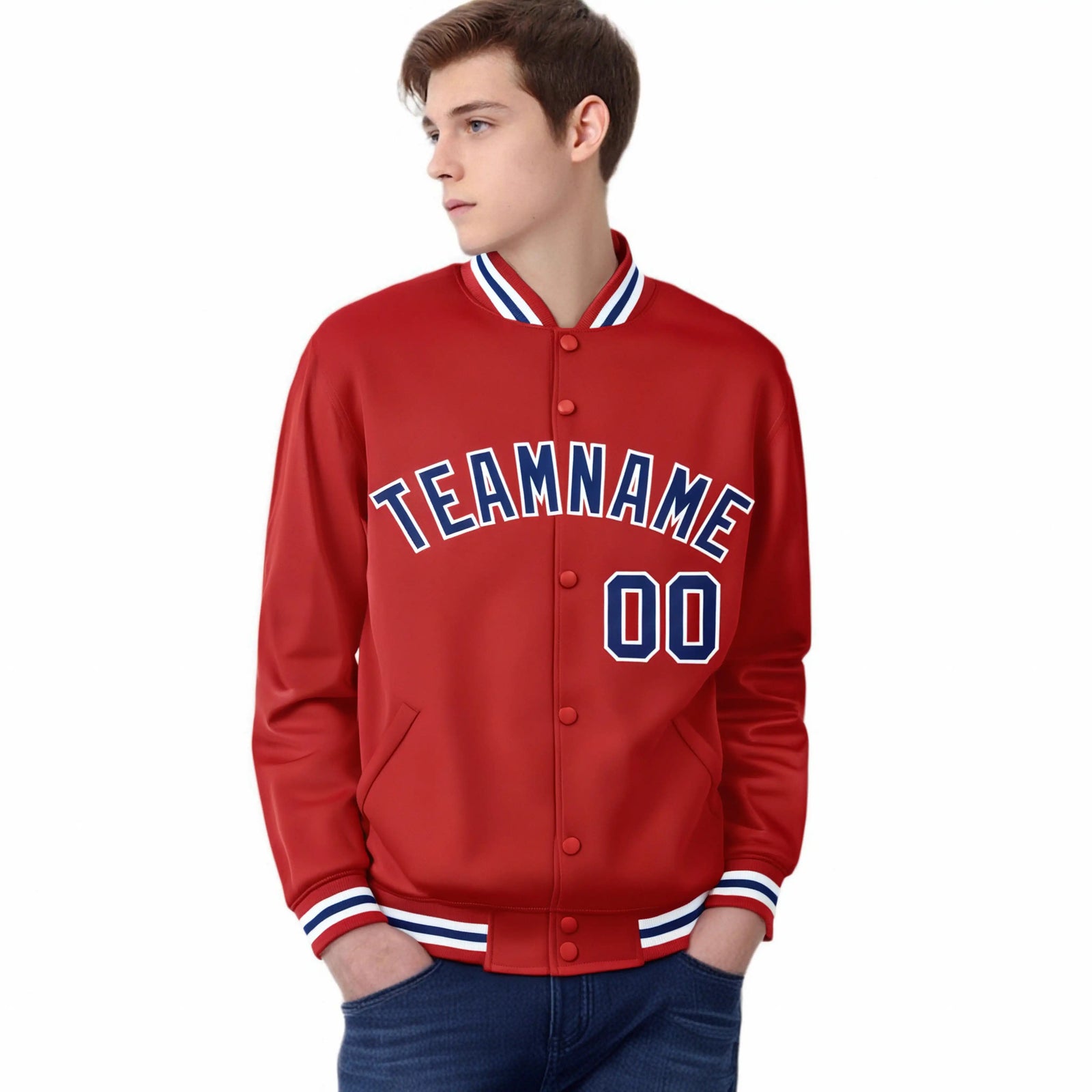 Custom Royal-Red Purple-White Bomber Full-Snap Varsity Letterman Jacket