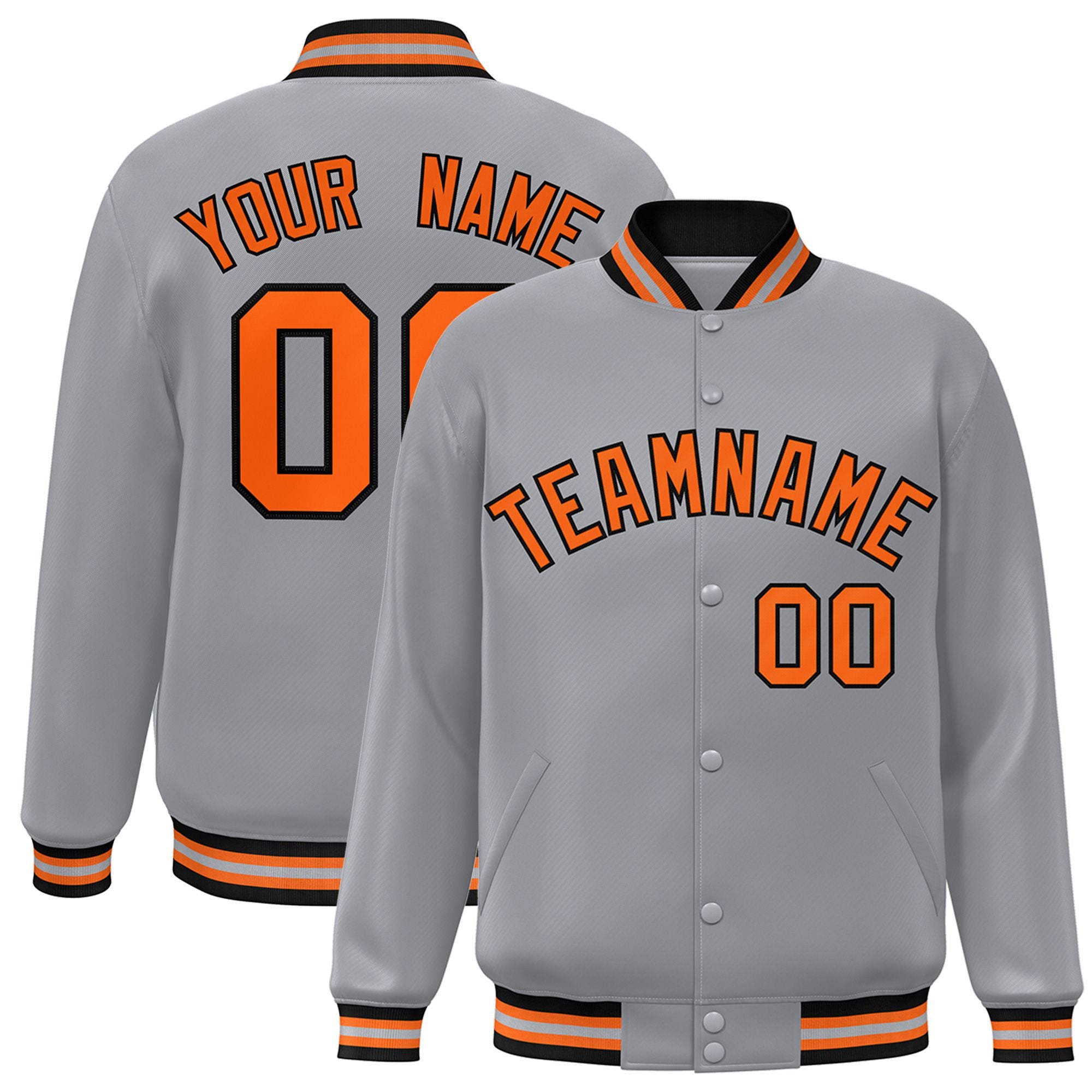 Custom Gray Orange-Black Bomber Full-Snap Varsity Letterman Jacket