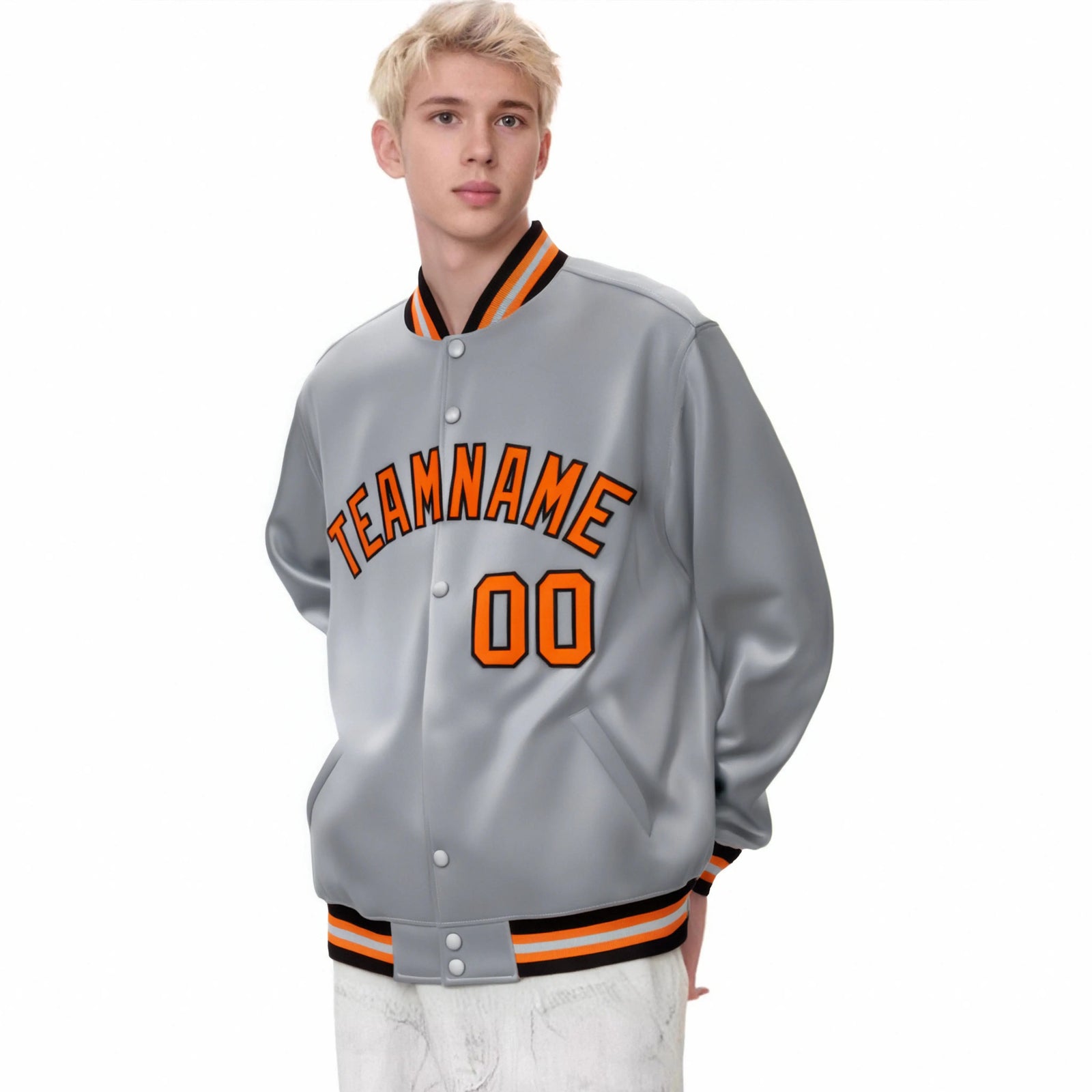 Custom Gray Orange-Black Bomber Full-Snap Varsity Letterman Jacket