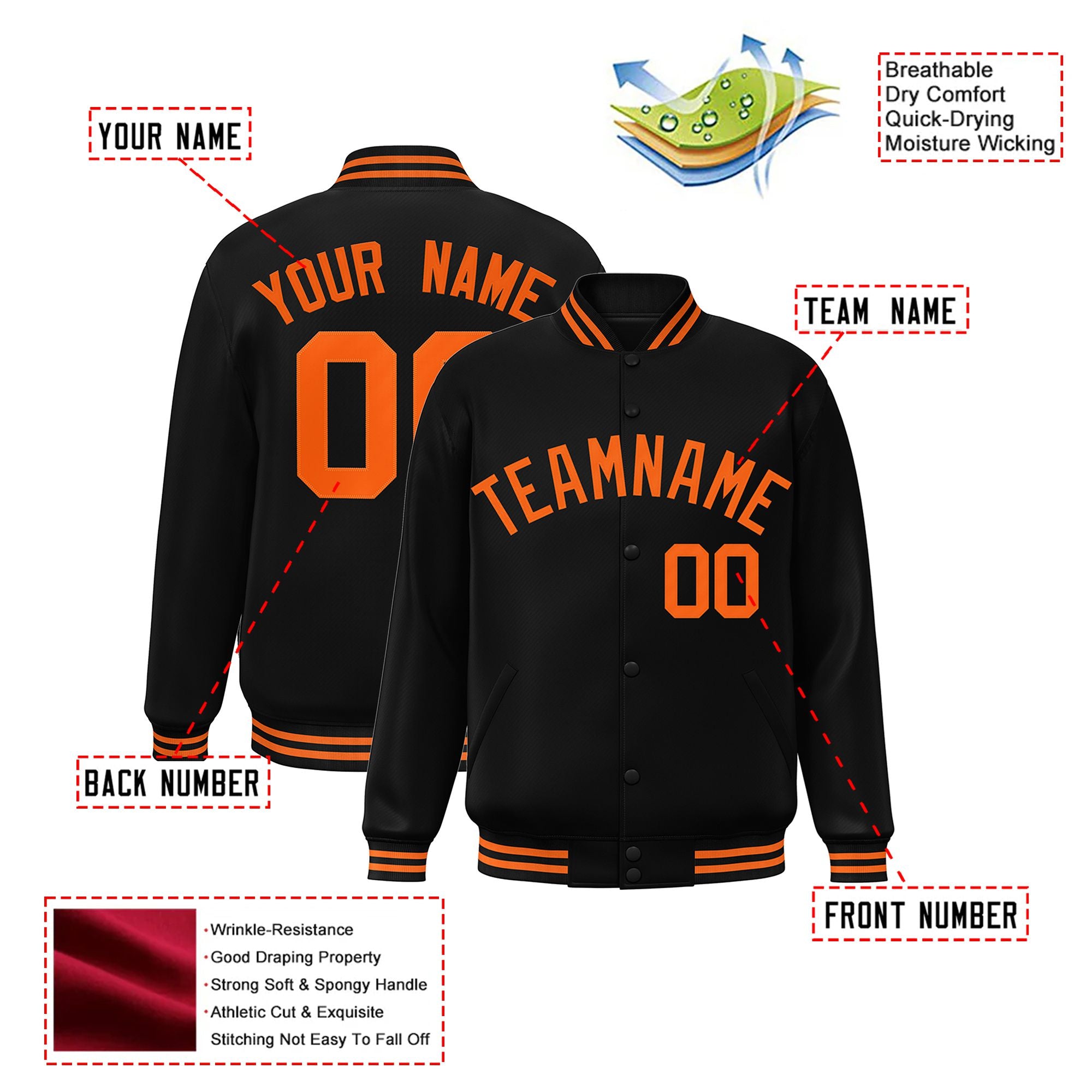 Custom Black Orange Bomber Full-Snap Varsity Letterman Jacket