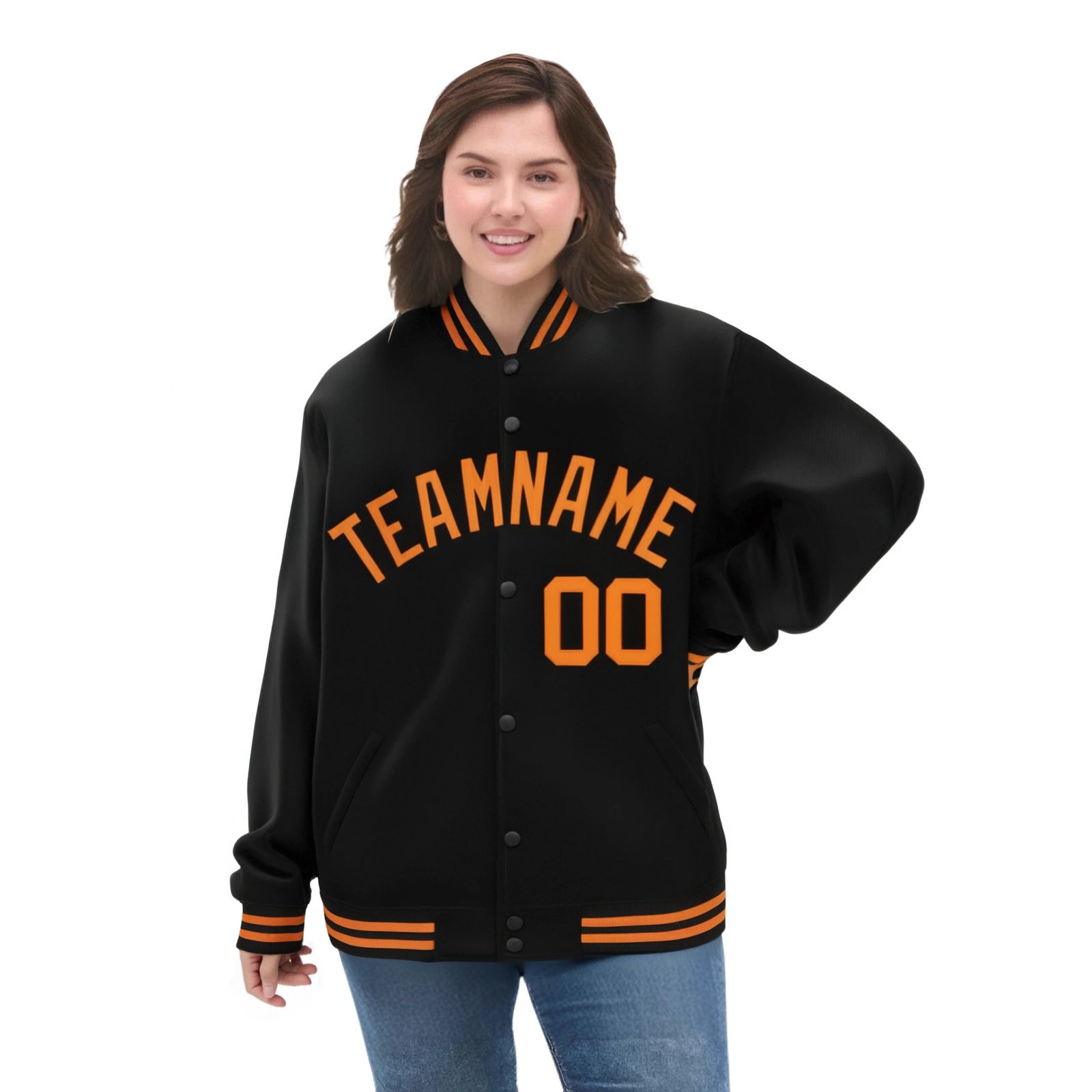 Custom Black Orange Bomber Full-Snap Varsity Letterman Jacket