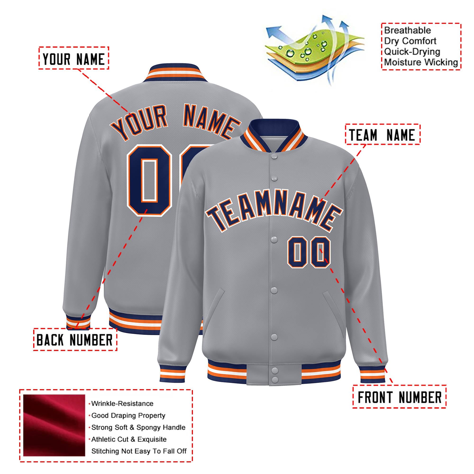 Custom Gray Navy-Orange Bomber Full-Snap Varsity Letterman Jacket