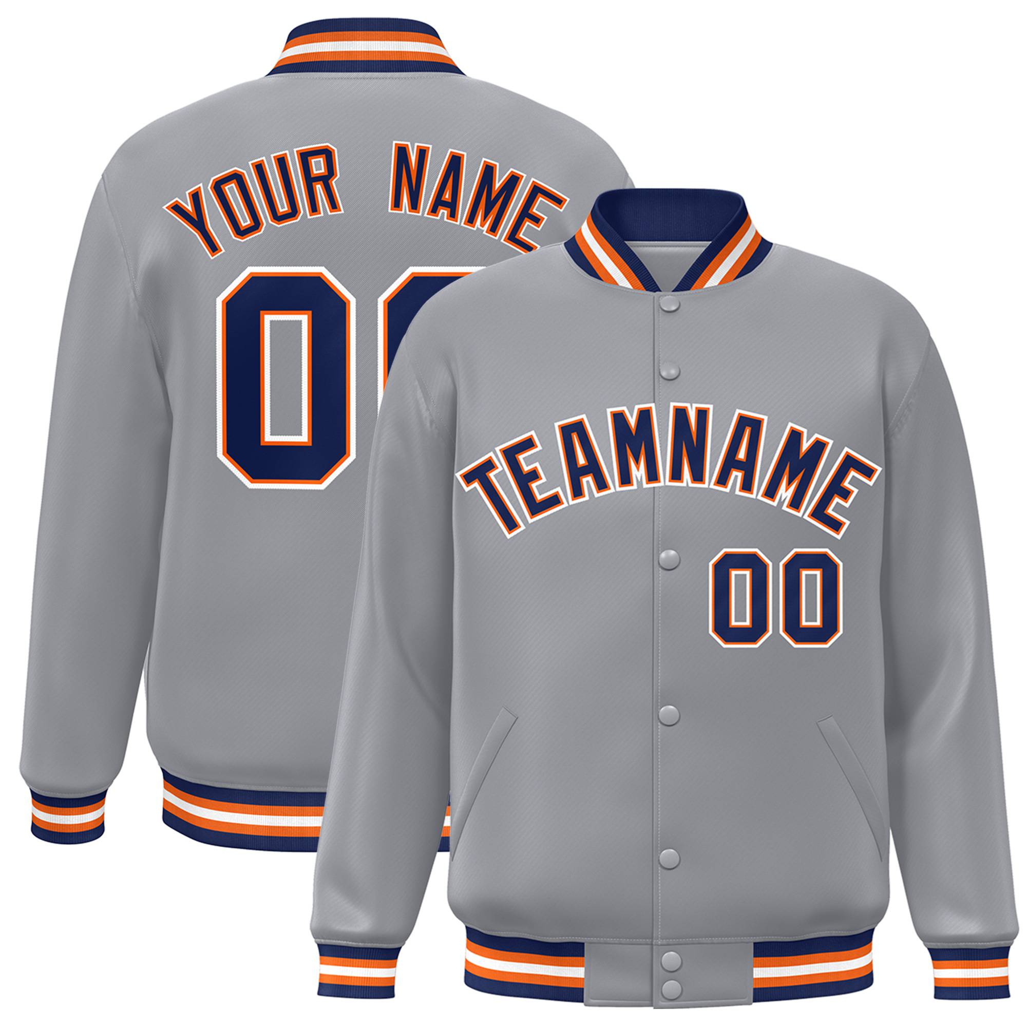 Custom Gray Navy-Orange Bomber Full-Snap Varsity Letterman Jacket