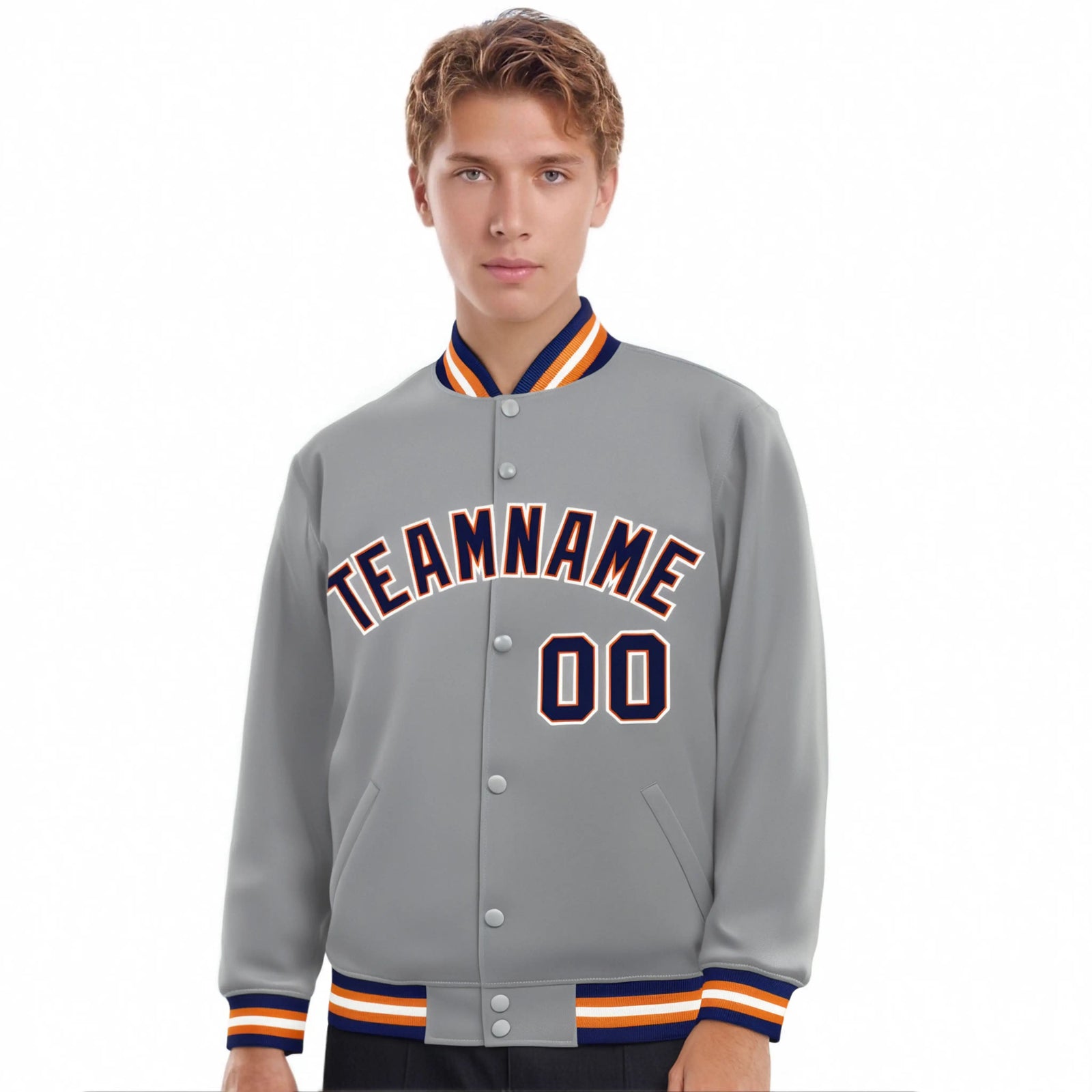 Custom Gray Navy-Orange Bomber Full-Snap Varsity Letterman Jacket