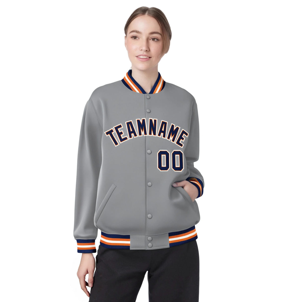 Custom Gray Navy-Orange Bomber Full-Snap Varsity Letterman Jacket