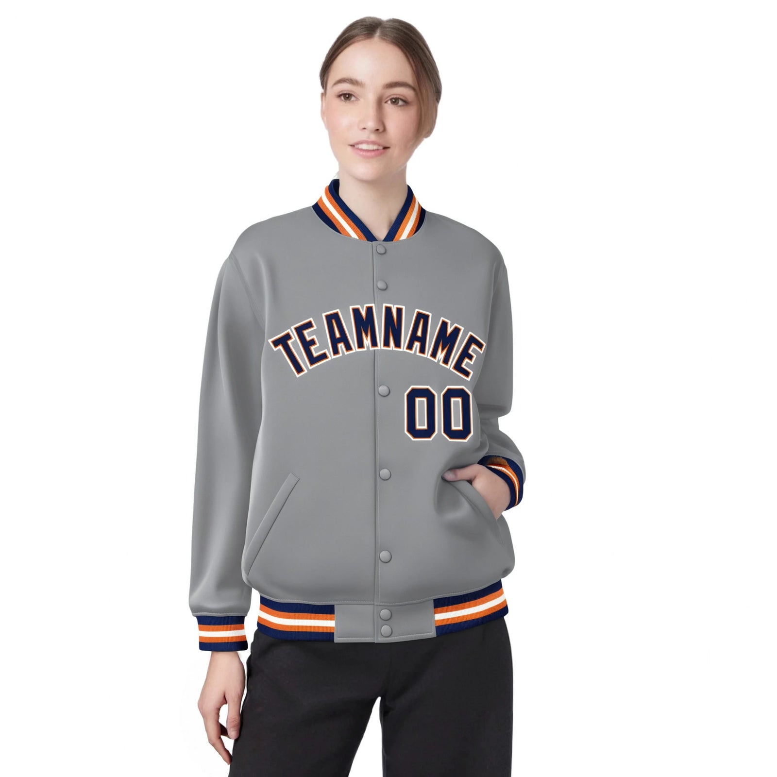 Custom Gray Navy-Orange Bomber Full-Snap Varsity Letterman Jacket