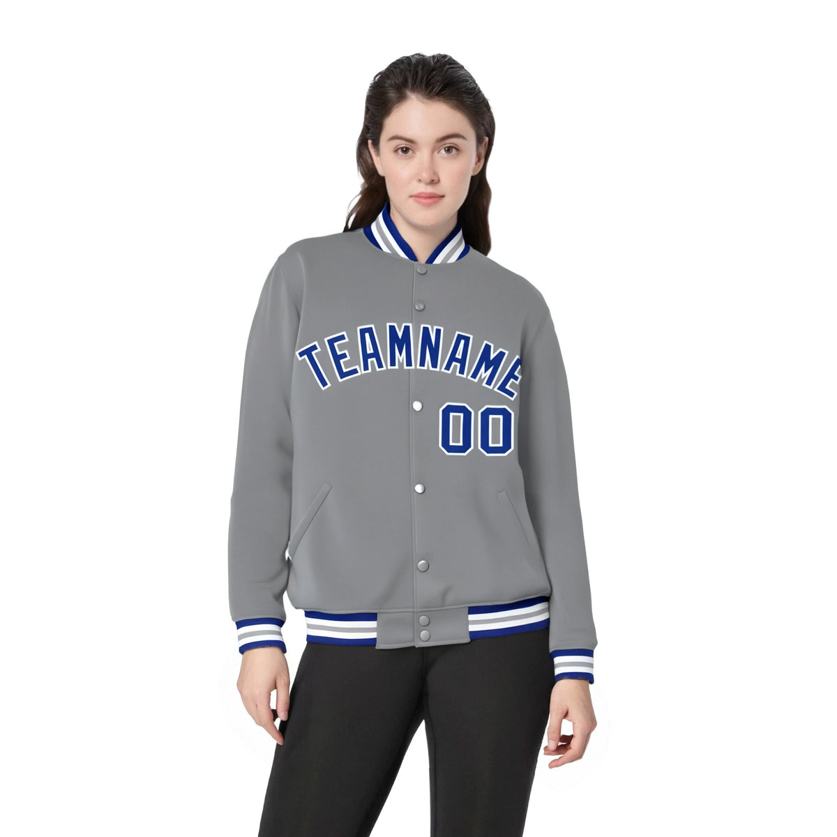 Custom Gray Blue-White Bomber Full-Snap Varsity Letterman Jacket