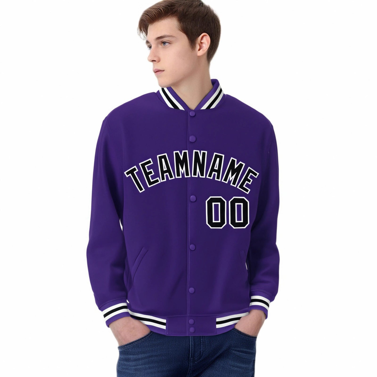 Custom Purple Black-White Bomber Full-Snap Varsity Letterman Jacket