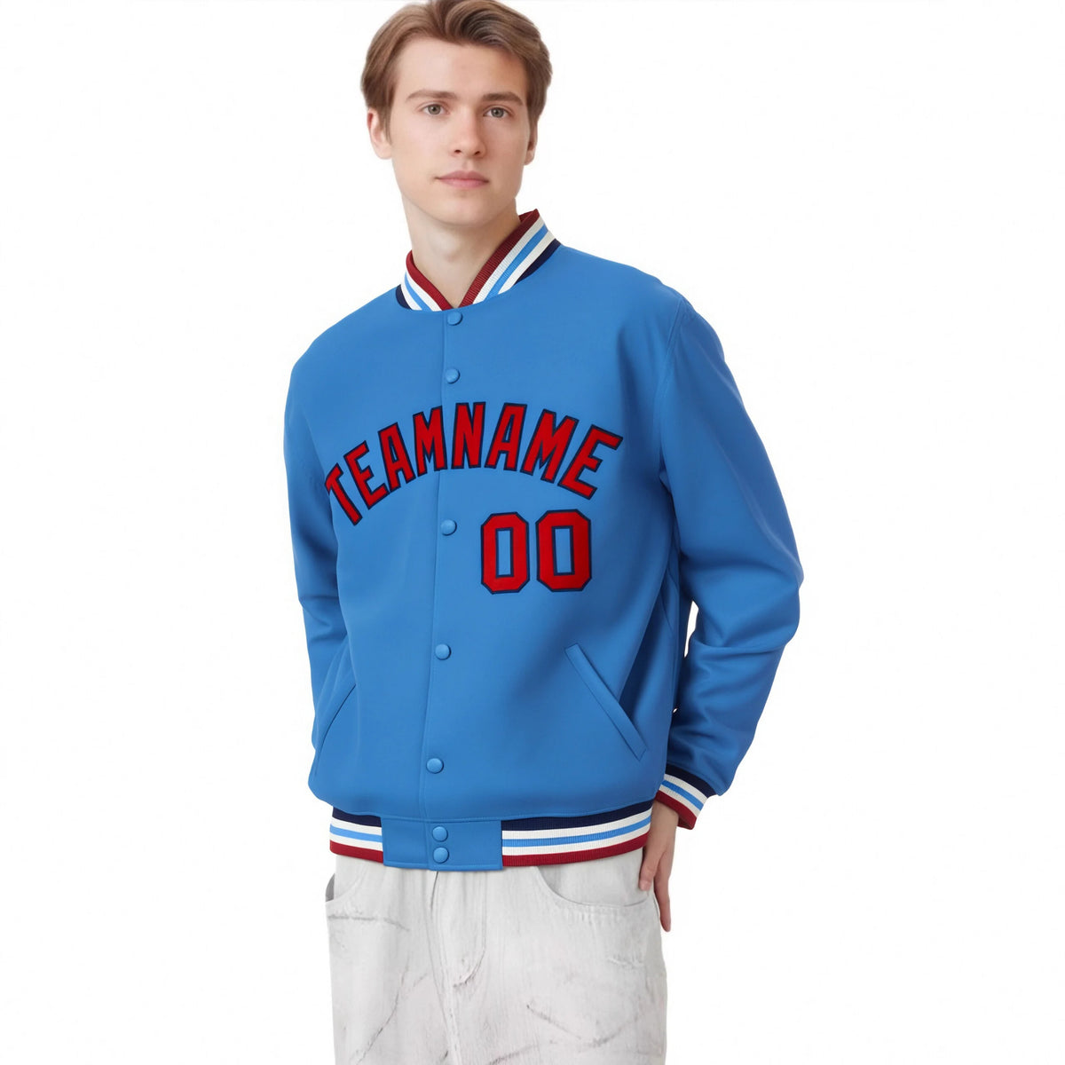 Custom Light Blue Red-Black Bomber Full-Snap Varsity Letterman Jacket