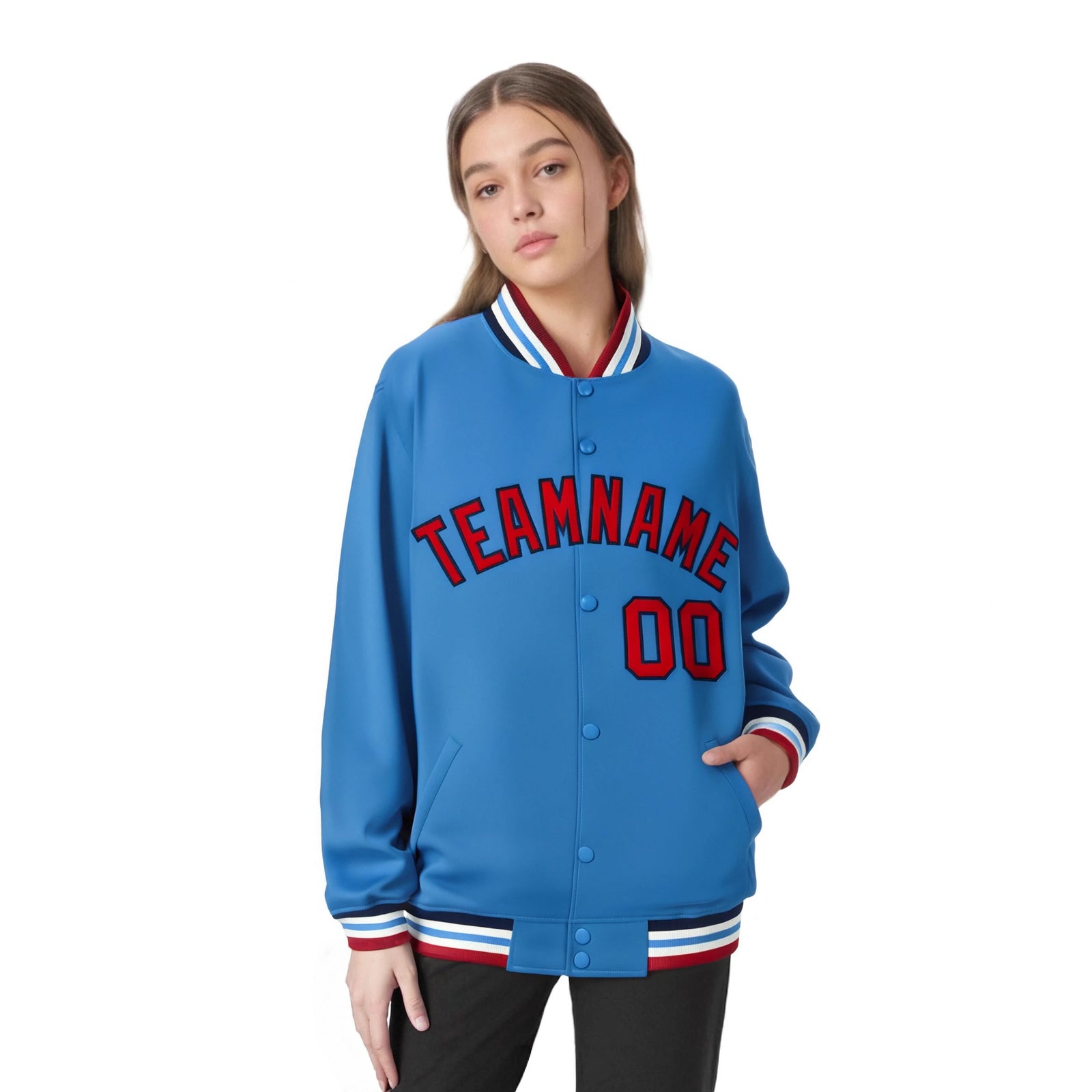 Custom Light Blue Red-Black Bomber Full-Snap Varsity Letterman Jacket