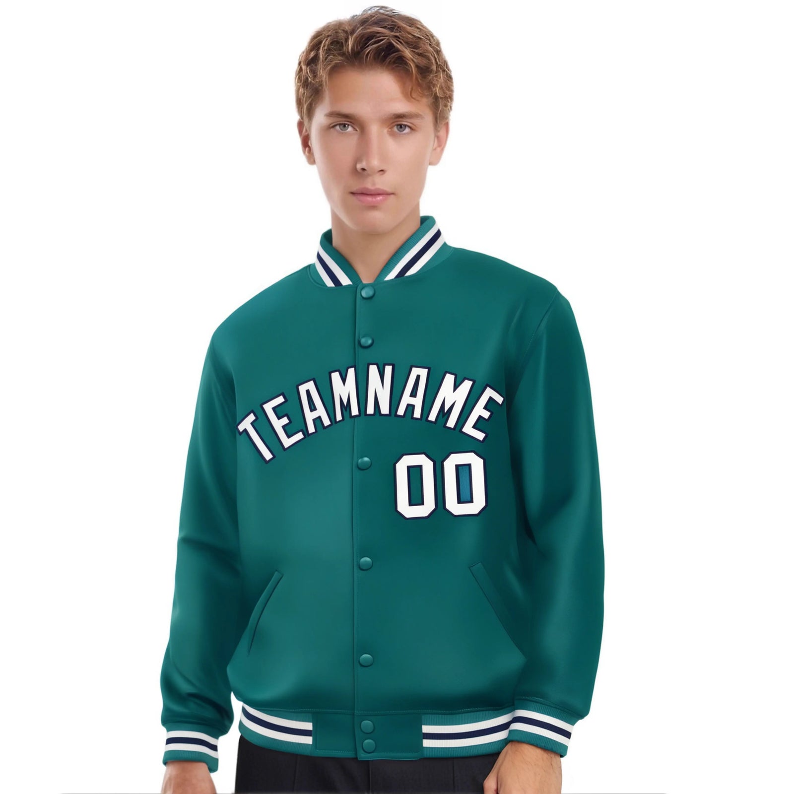 Custom Aqua Gray-Navy Bomber Full-Snap Varsity Letterman Jacket