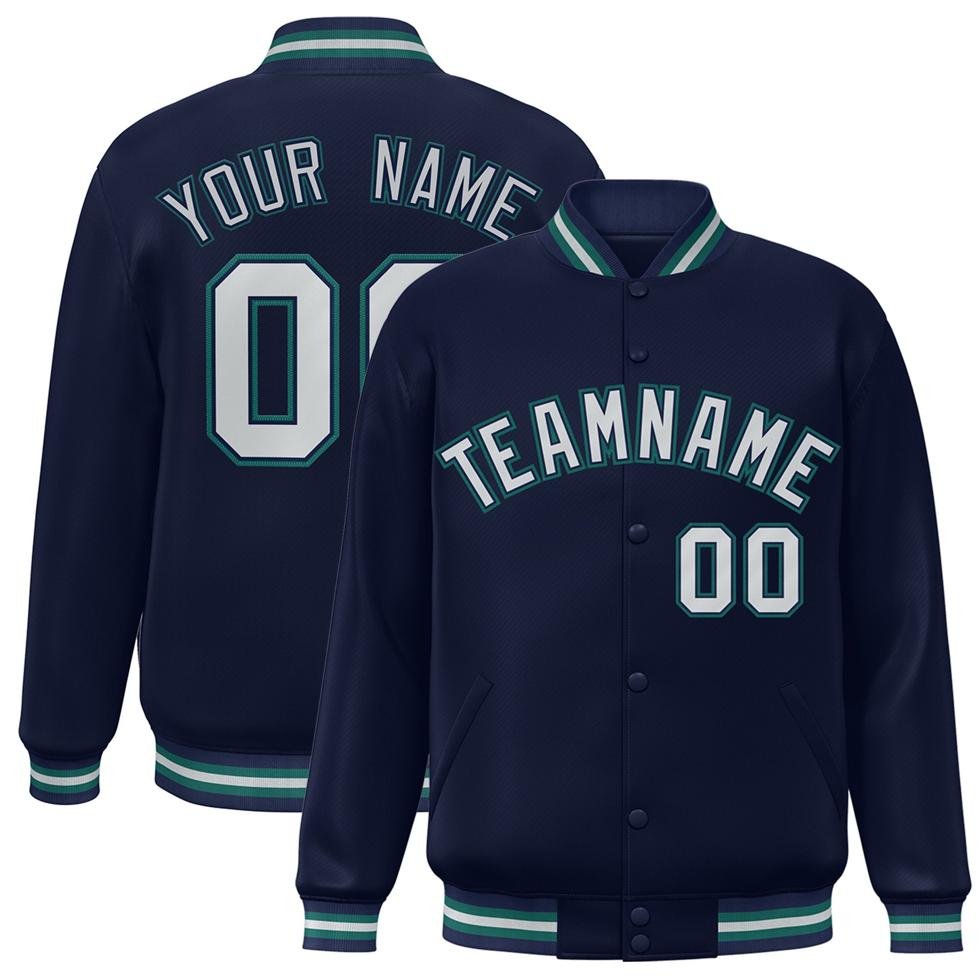 Custom Navy Gray-Aqua Bomber Full-Snap Varsity Letterman Jacket