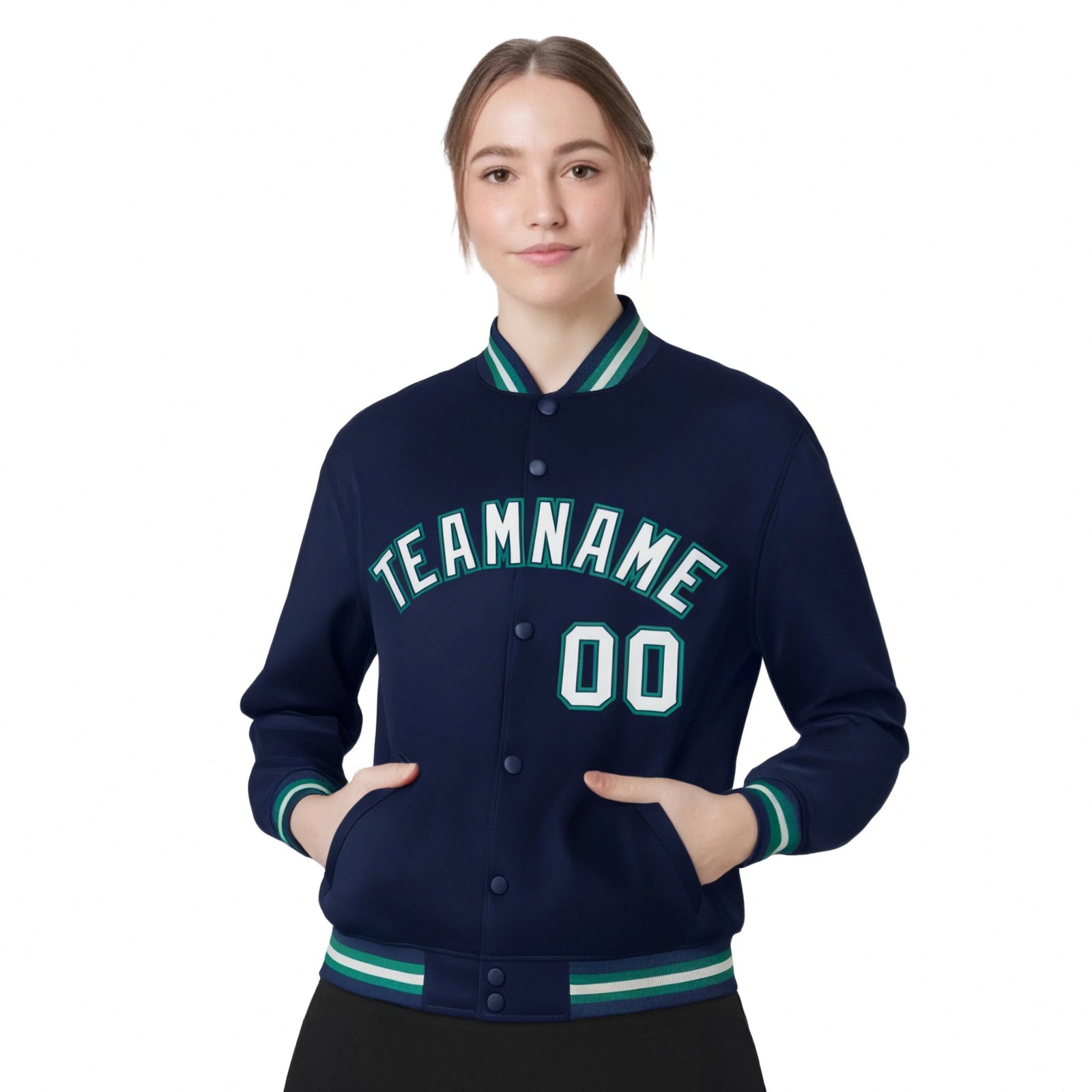 Custom Navy Gray-Aqua Bomber Full-Snap Varsity Letterman Jacket