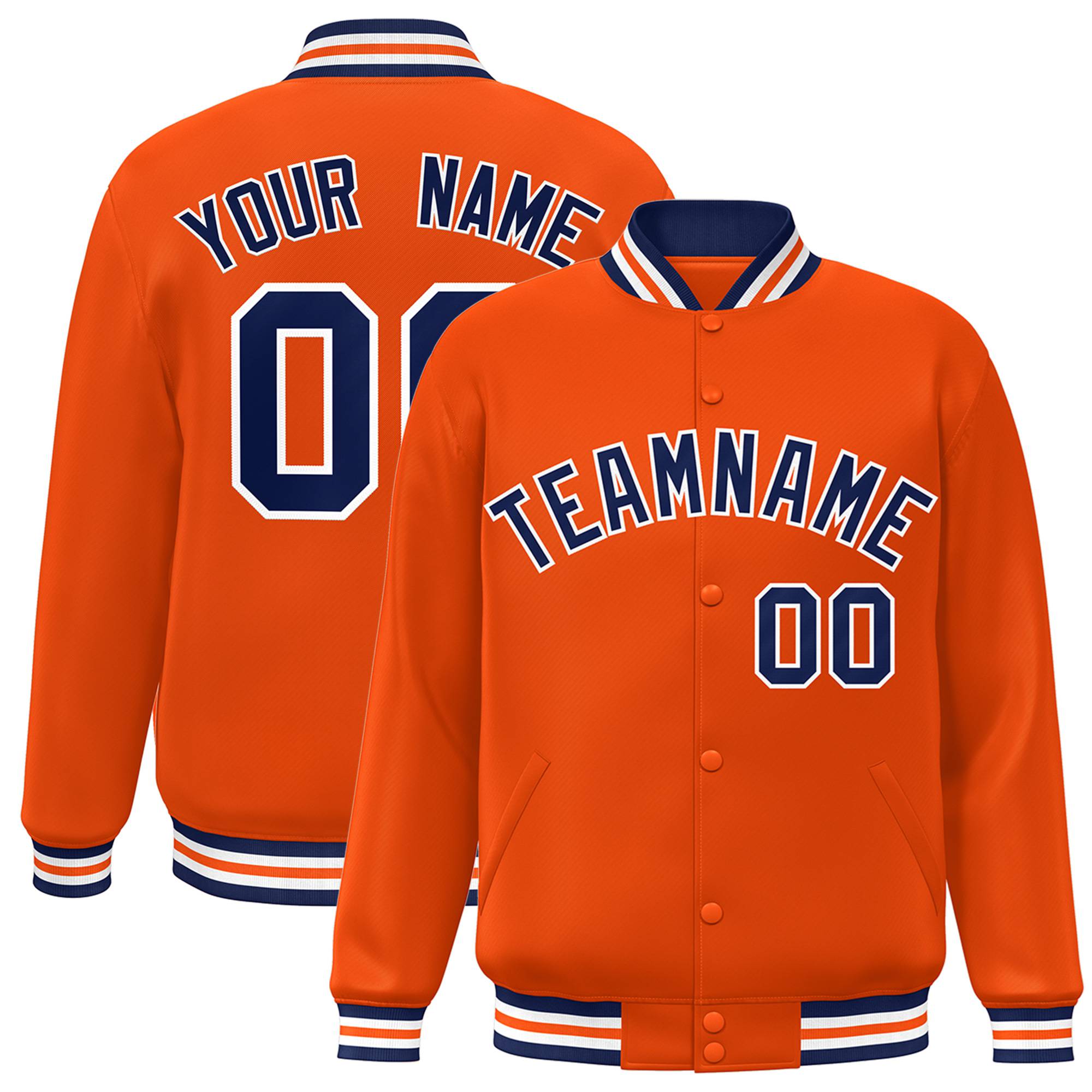 Custom Orange Navy-White Bomber Full-Snap Varsity Letterman Jacket