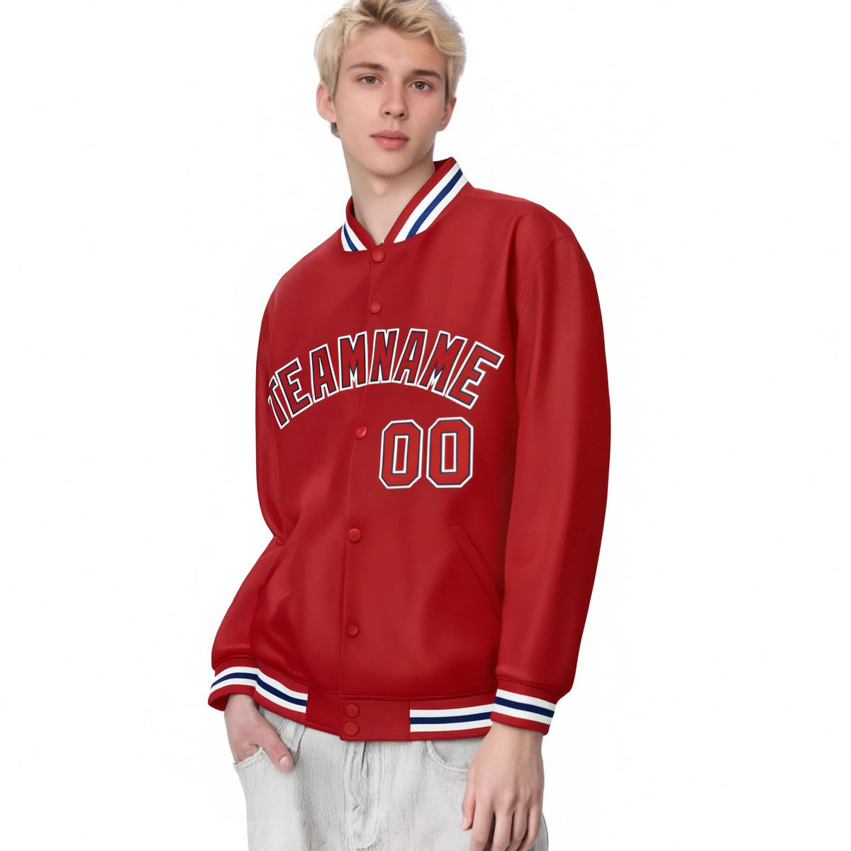 Custom Royal-Red White Bomber Full-Snap Varsity Letterman Jacket