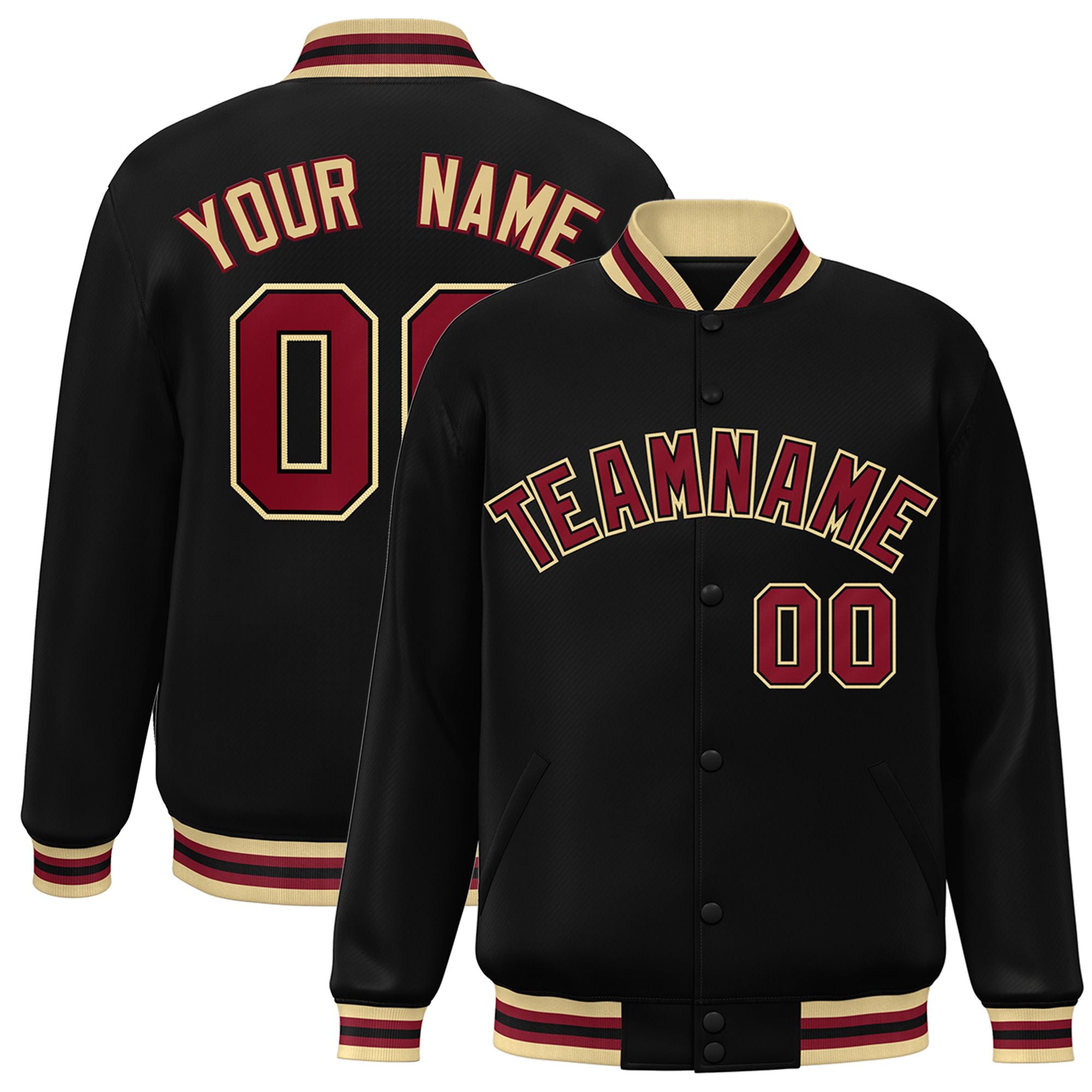 Custom Black Burgundy Old-Gold Bomber Full-Snap Varsity Letterman Jacket