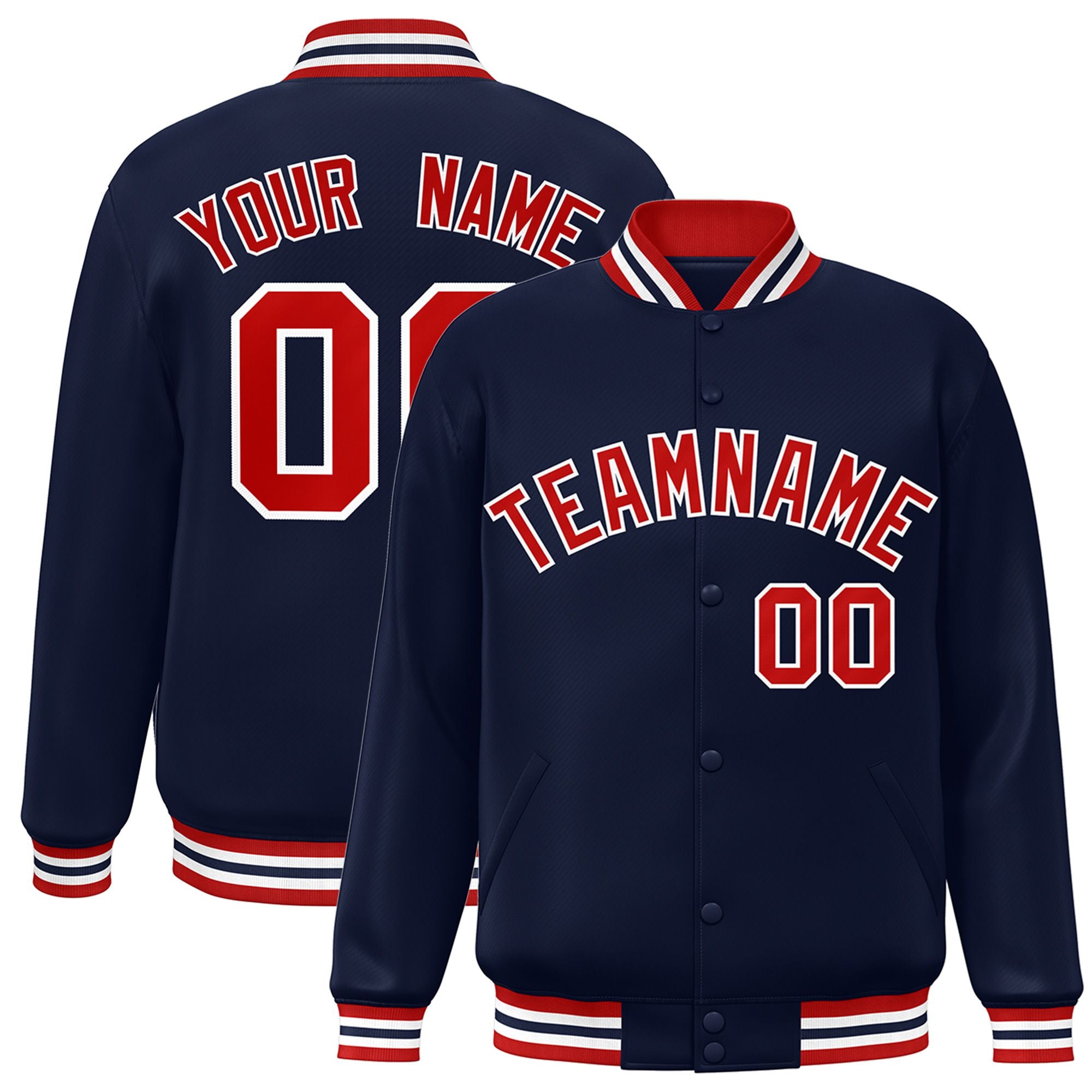 Custom Navy Red-White Bomber Full-Snap Varsity Letterman Jacket