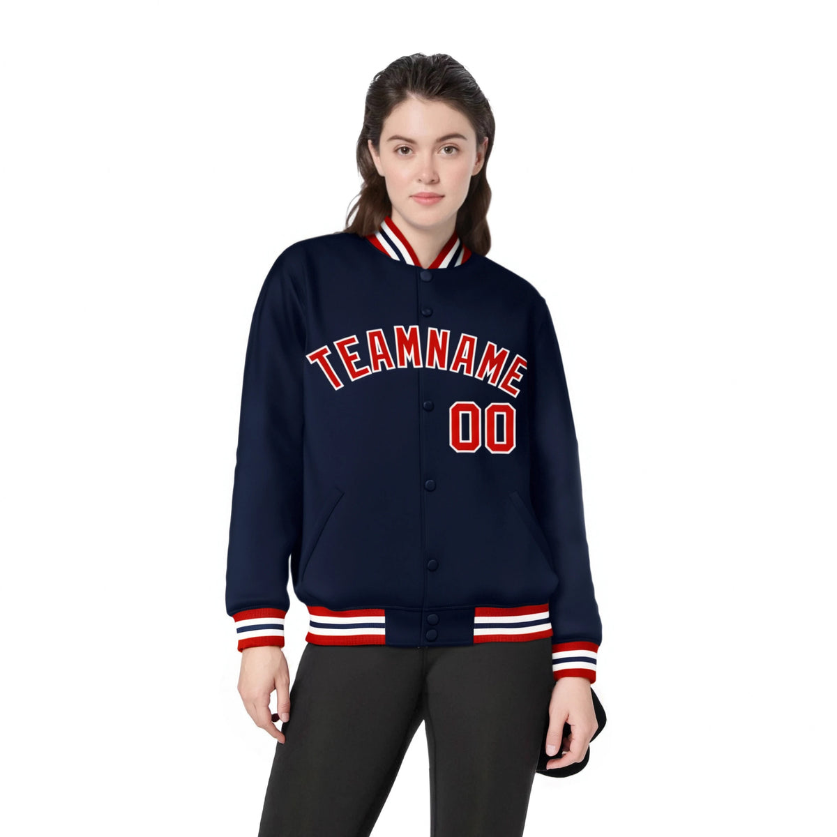 Custom Navy Red-White Bomber Full-Snap Varsity Letterman Jacket