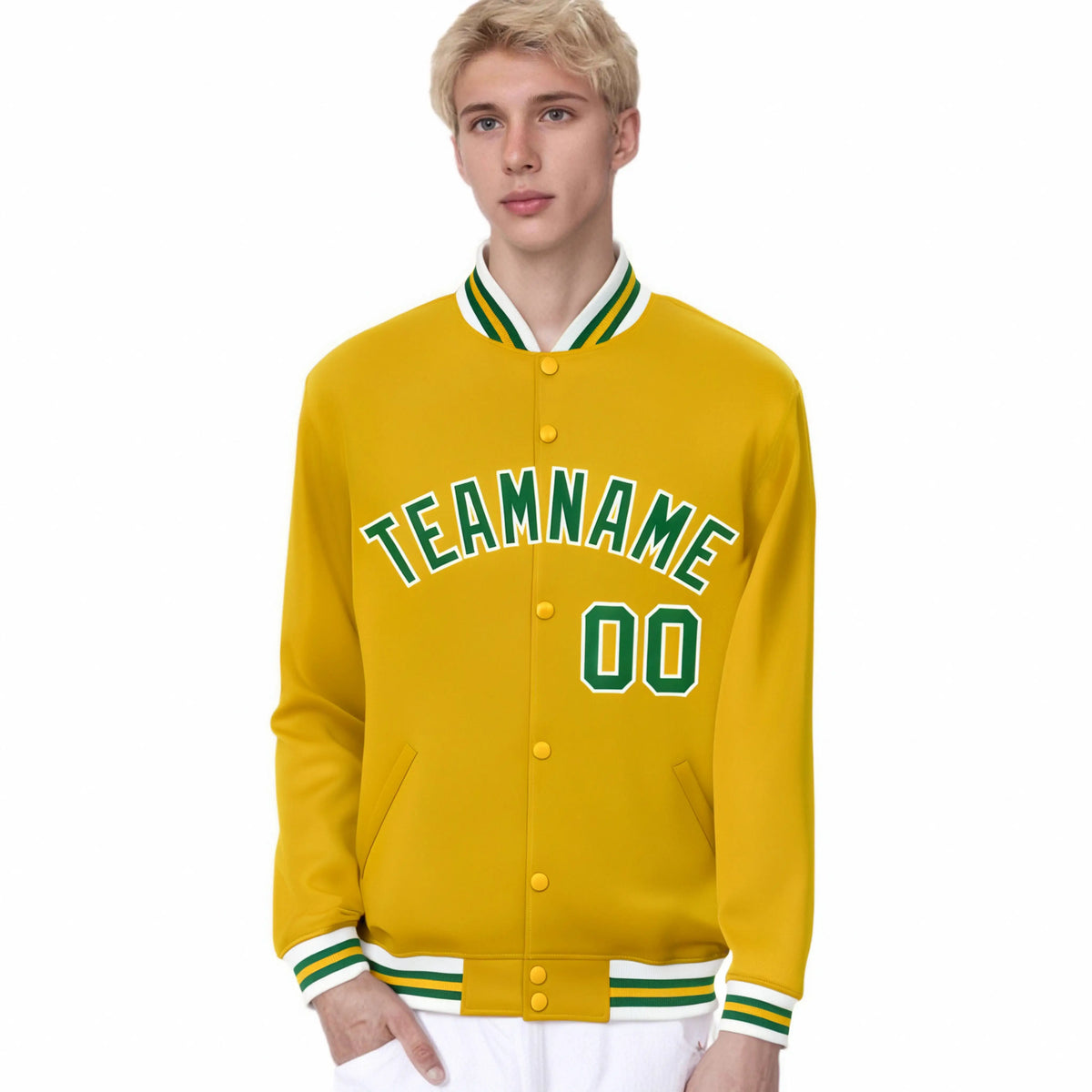 Custom Yellow Green-White Bomber Full-Snap Varsity Letterman Jacket