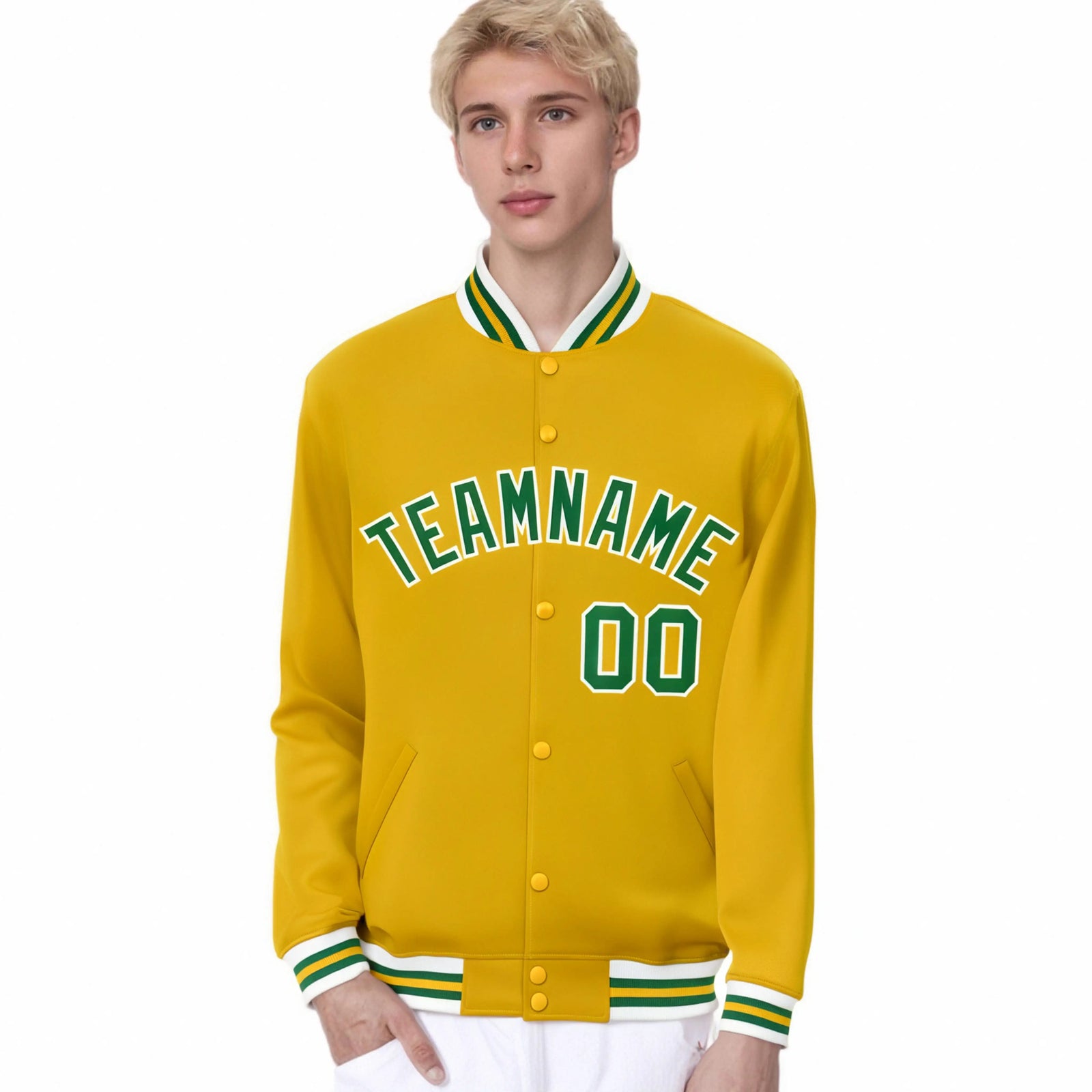 Custom Yellow Green-White Bomber Full-Snap Varsity Letterman Jacket