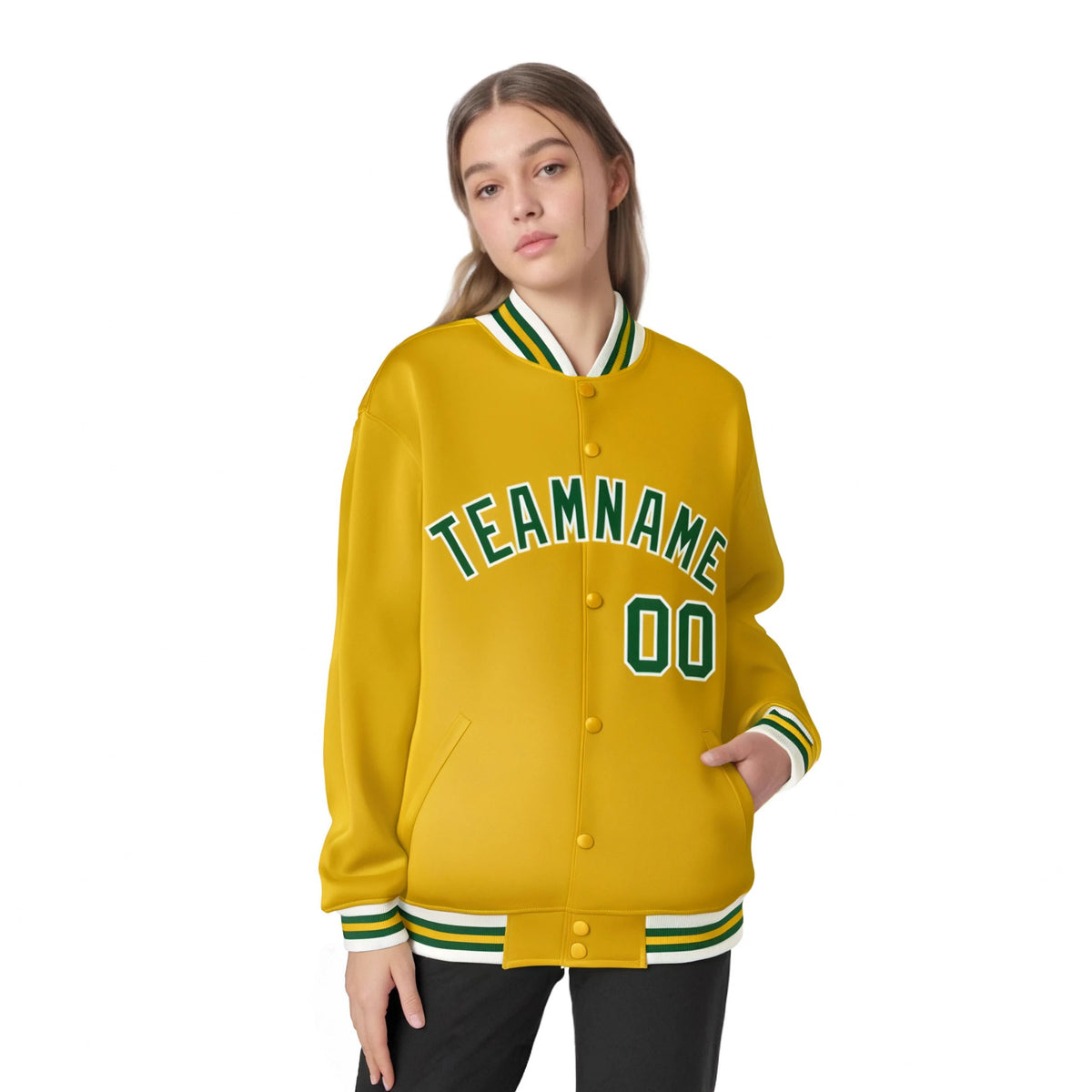 Custom Yellow Green-White Bomber Full-Snap Varsity Letterman Jacket