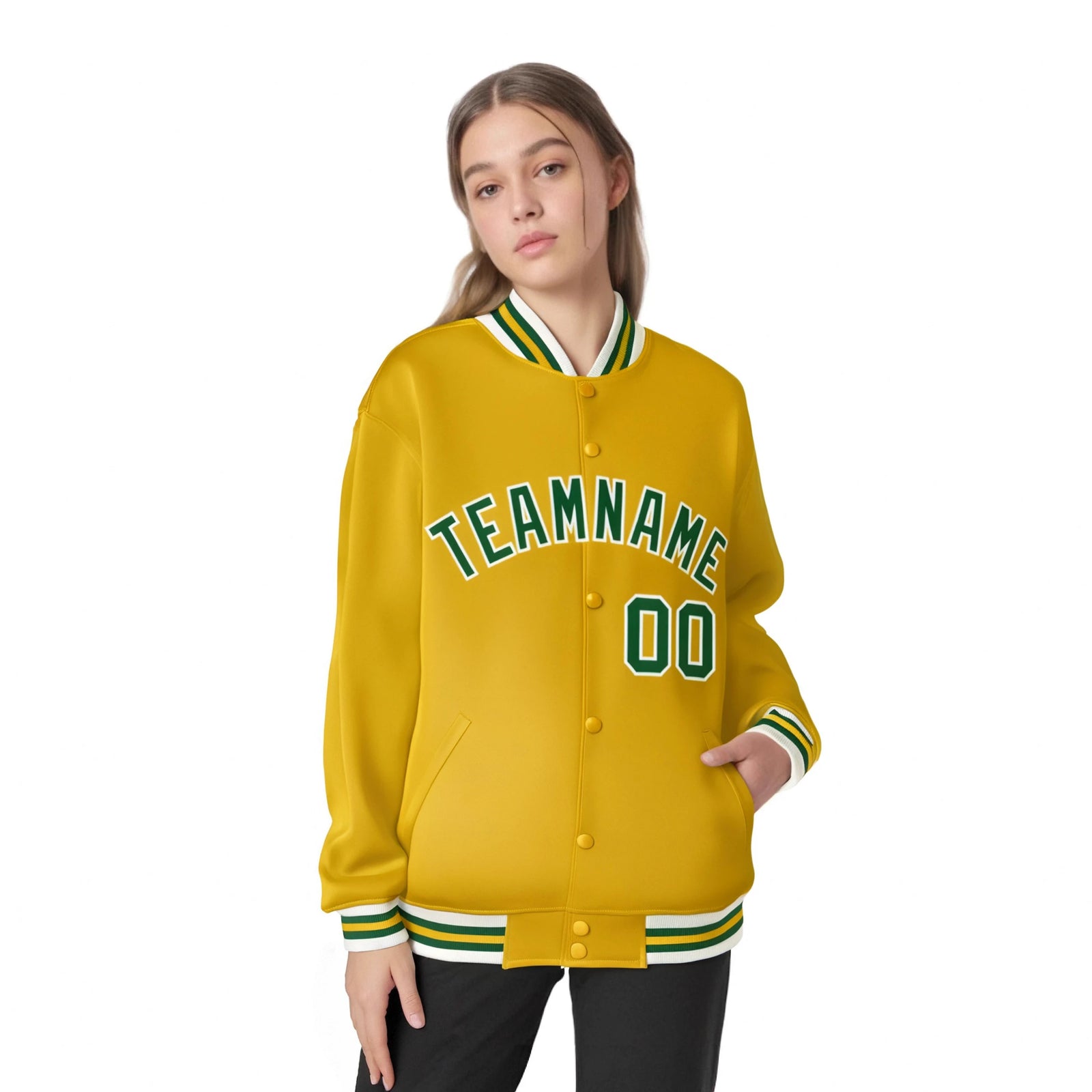 Custom Yellow Green-White Bomber Full-Snap Varsity Letterman Jacket