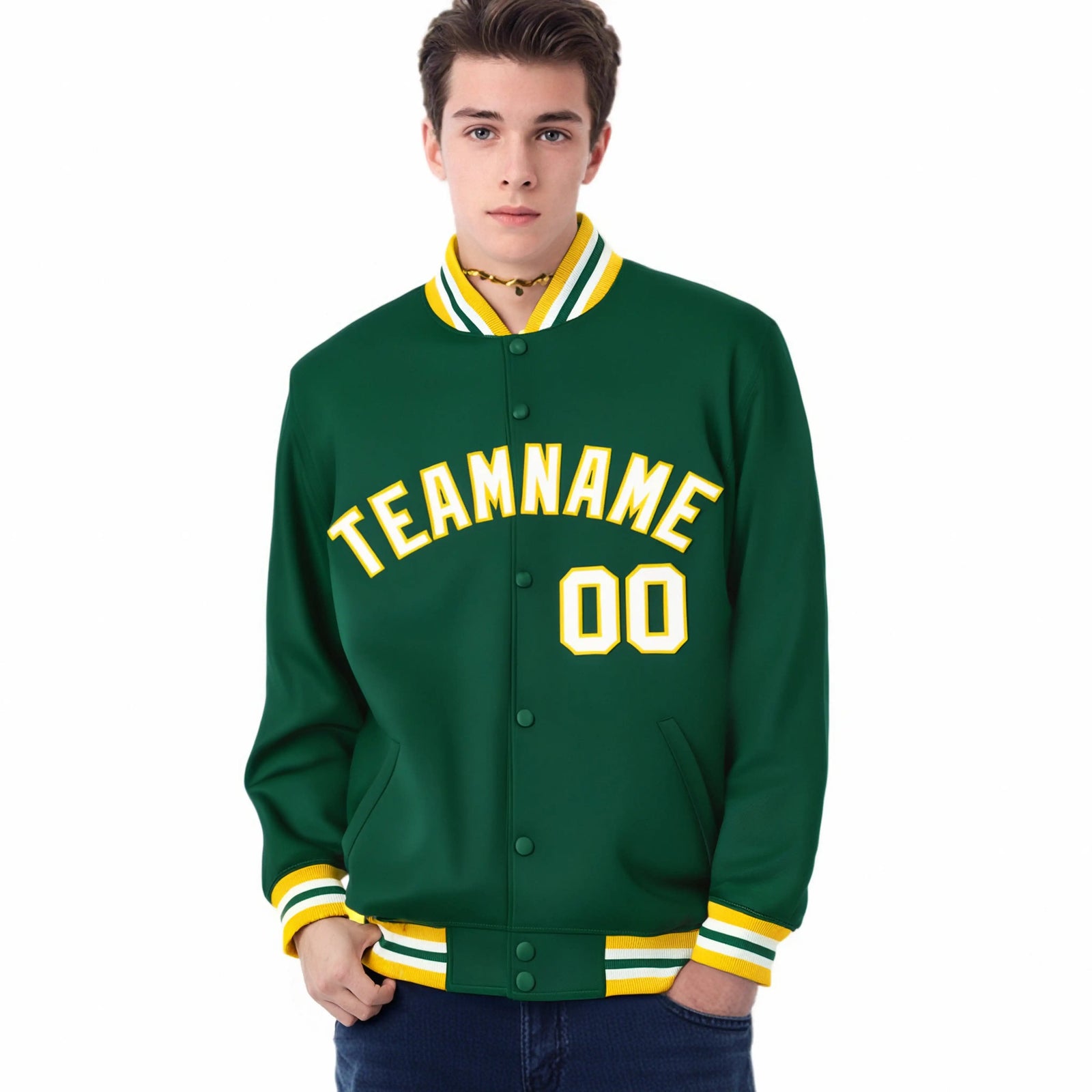 Custom Kelly Green White-Yellow Bomber Full-Snap Varsity Letterman Jacket