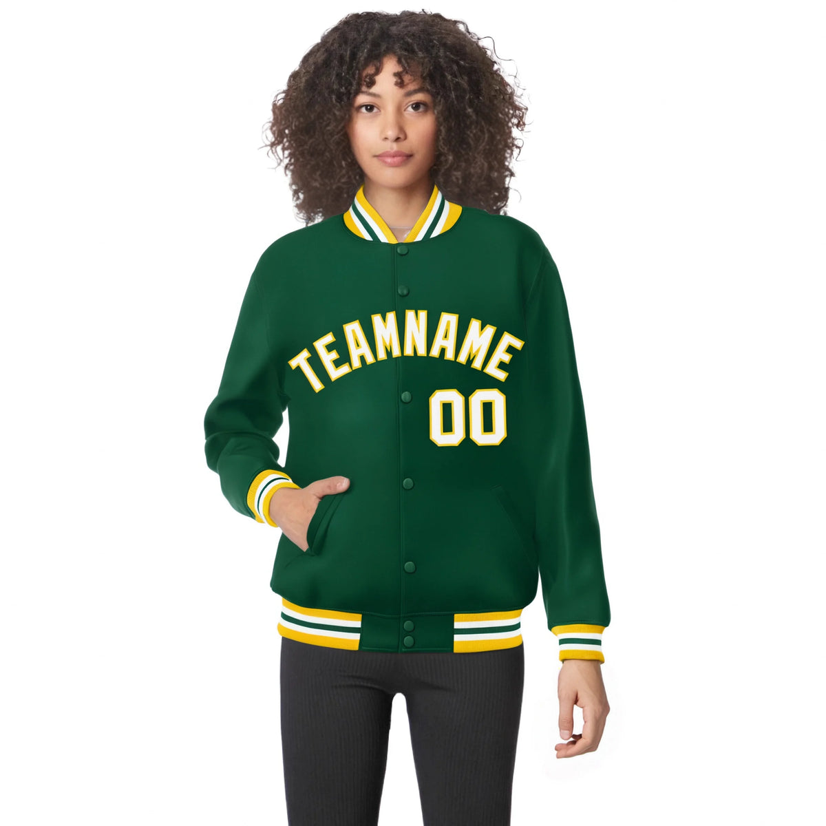 Custom Kelly Green White-Yellow Bomber Full-Snap Varsity Letterman Jacket