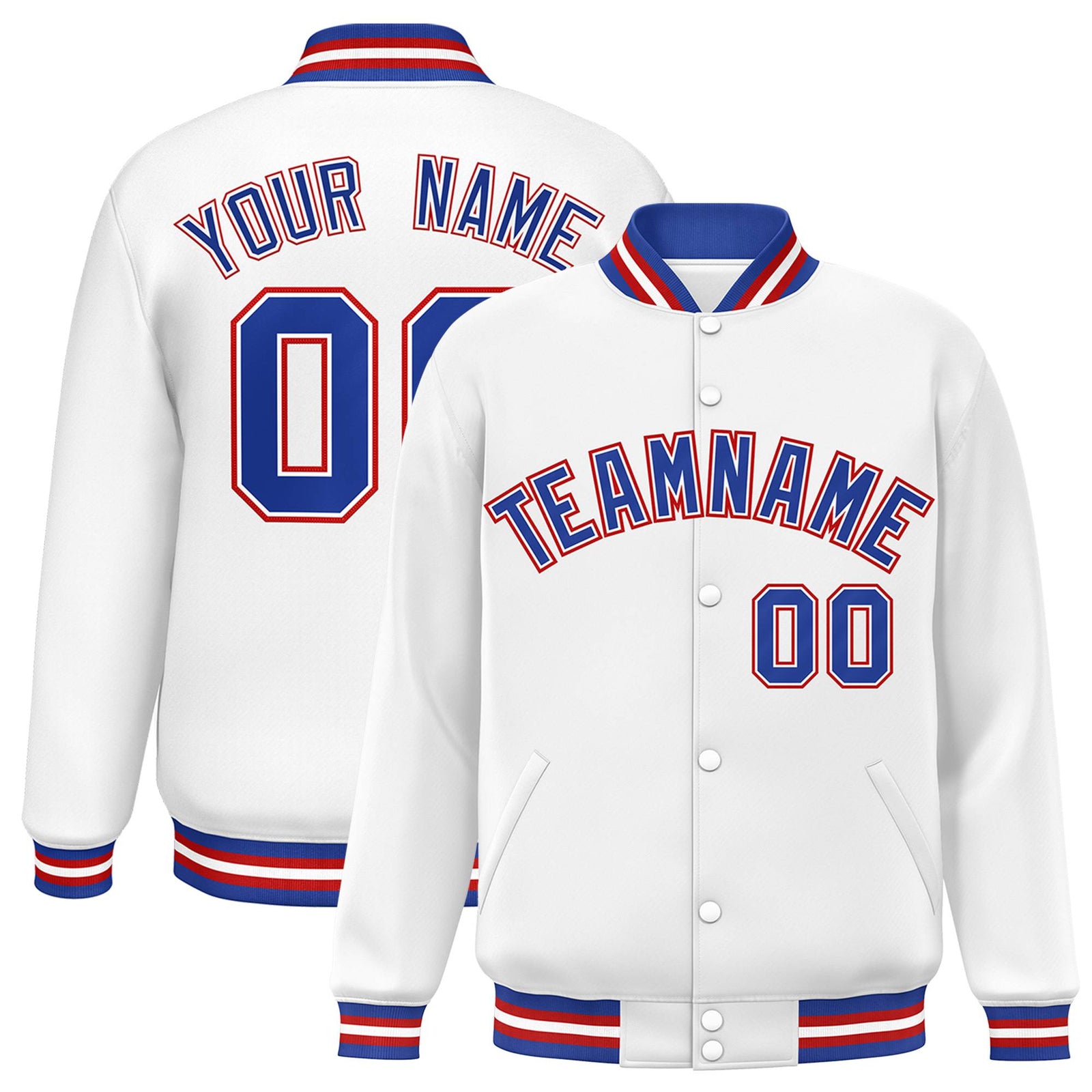 Custom White Thunder-Blue Red Bomber Full-Snap Varsity Letterman Jacket
