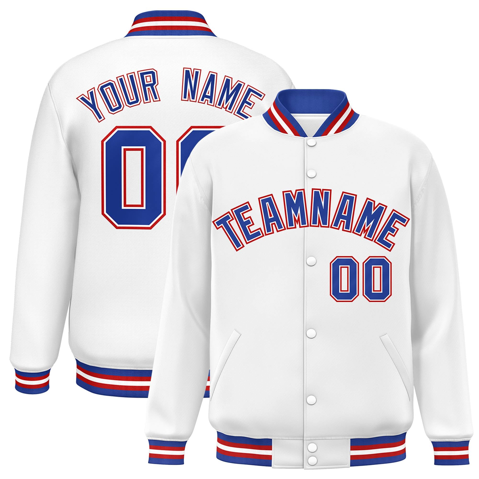 Custom White Thunder-Blue Red Bomber Full-Snap Varsity Letterman Jacket