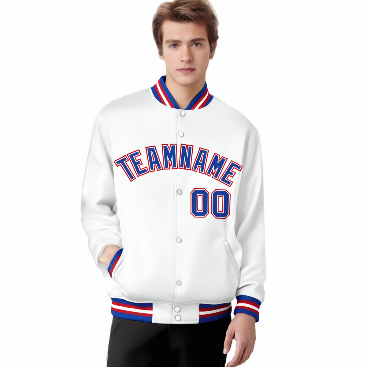 Custom White Thunder-Blue Red Bomber Full-Snap Varsity Letterman Jacket