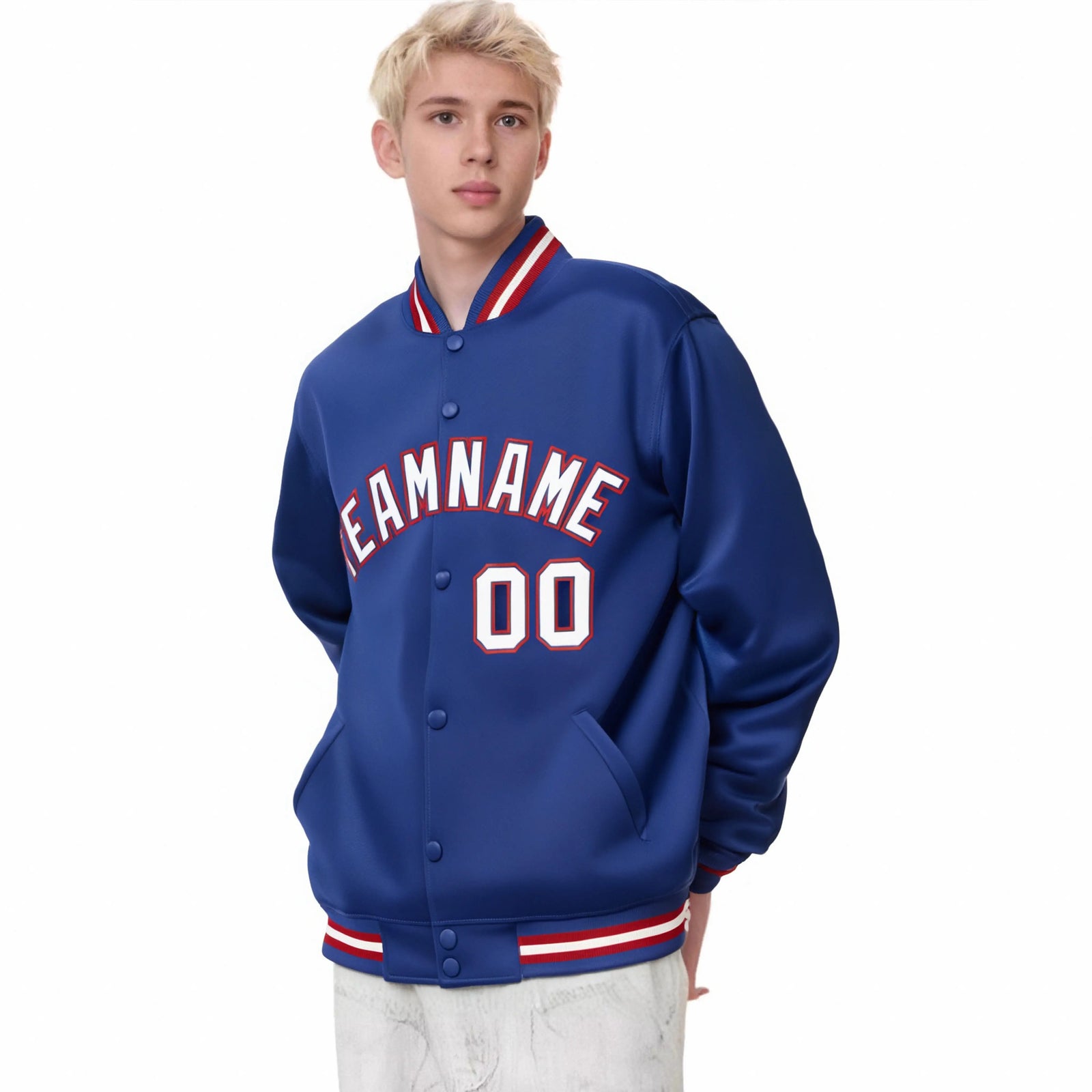 Custom Royal Red White-Blue Bomber Full-Snap Varsity Letterman Jacket