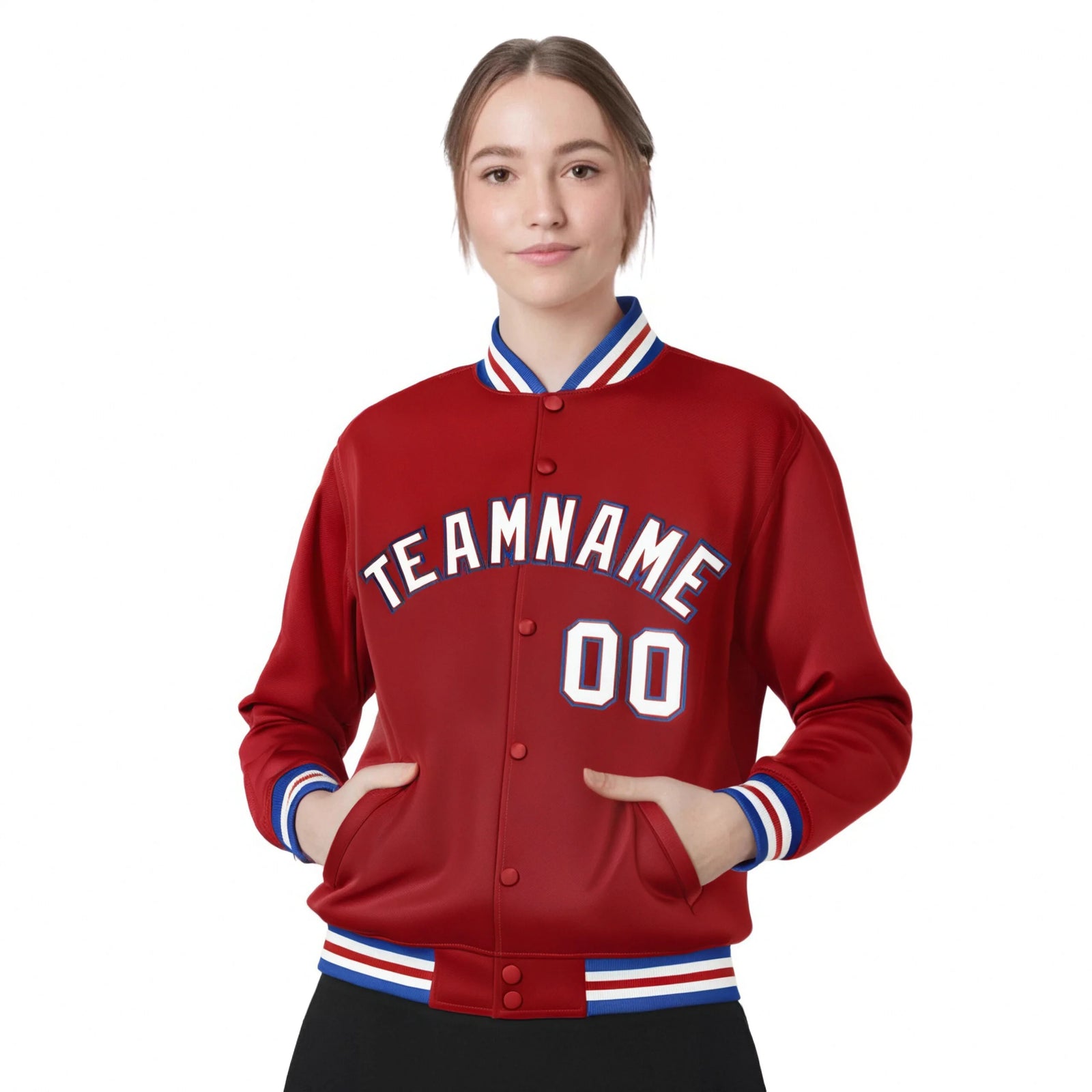 Custom Royal Red White-Blue Bomber Full-Snap Varsity Letterman Jacket