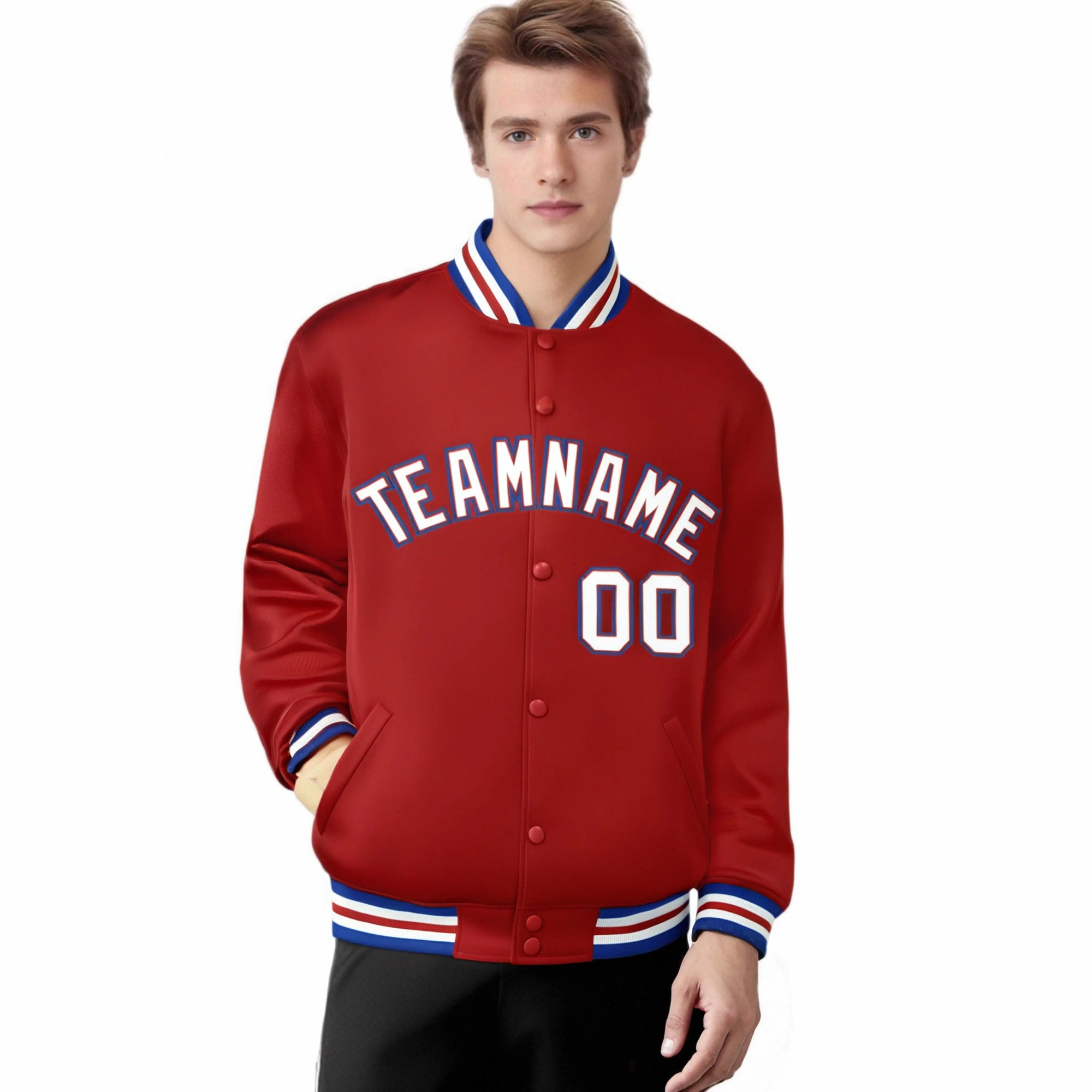 Custom Purple White-Red Bomber Full-Snap Varsity Letterman Jacket