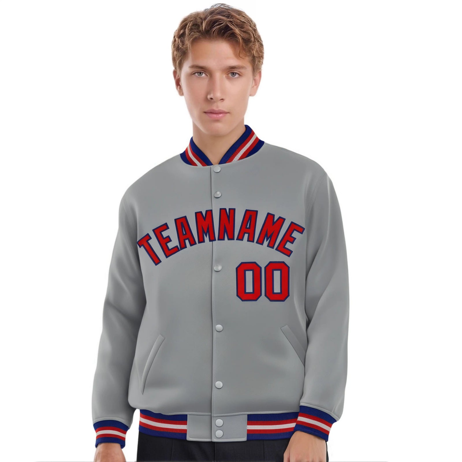 Custom Gray Red-Navy Bomber Full-Snap Varsity Letterman Jacket