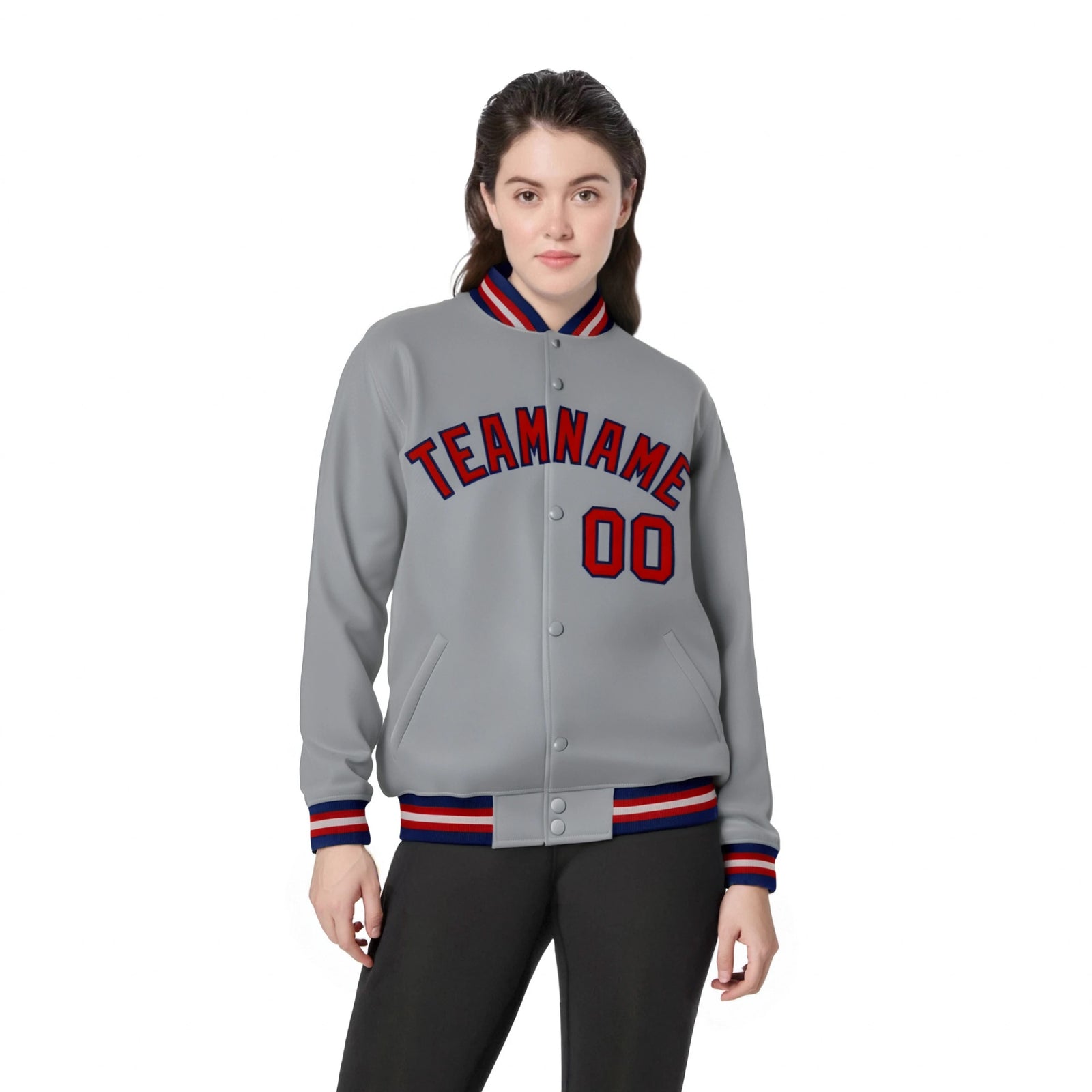 Custom Gray Red-Navy Bomber Full-Snap Varsity Letterman Jacket