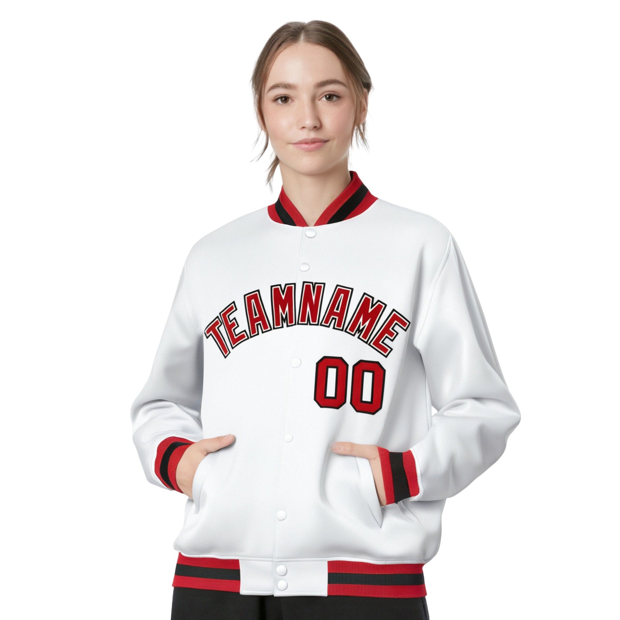 Custom White Royal-Red Black Bomber Full-Snap Varsity Letterman Jacket