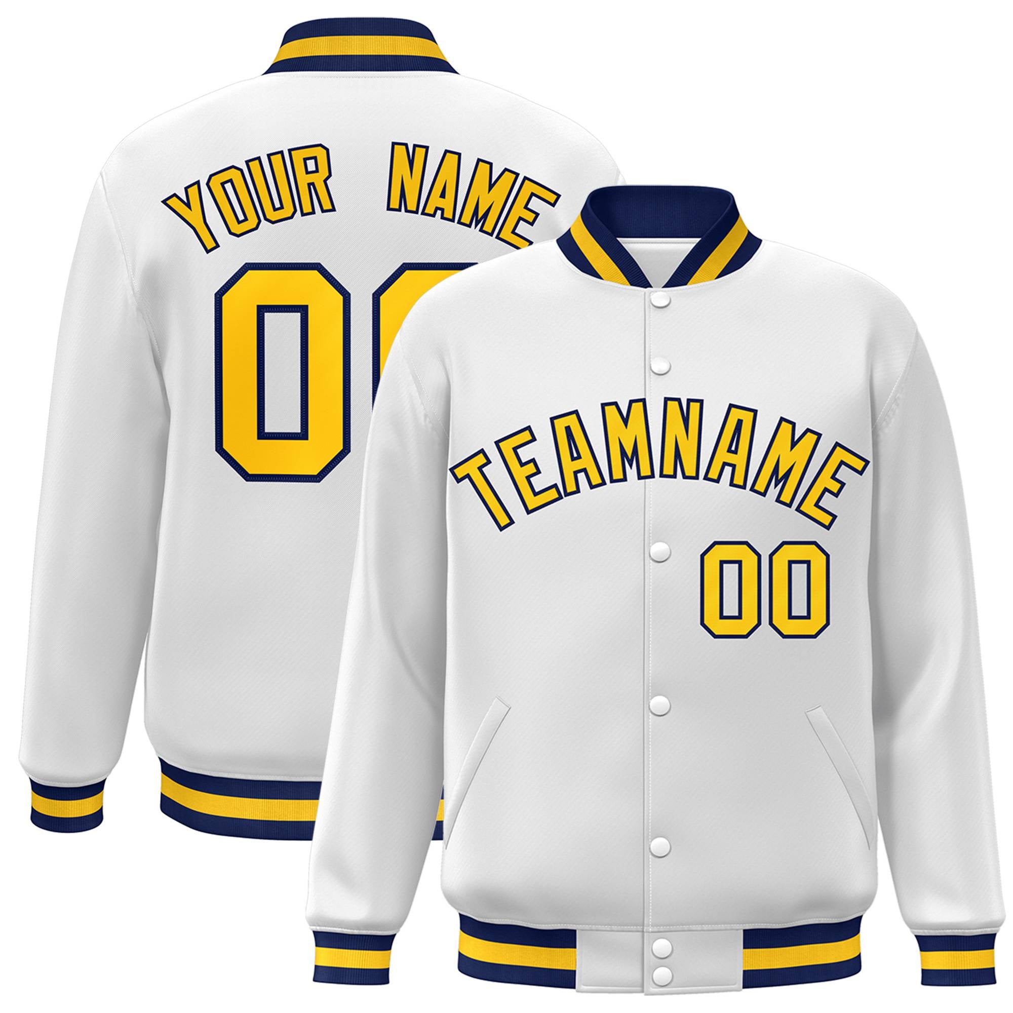 Custom White Yellow-Navy Bomber Full-Snap Varsity Letterman Jacket